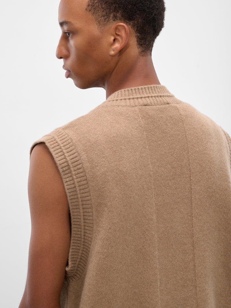 Beige Wool Knit Cardigan Vest (LMK9B-0660-CAMEL-PEARL)