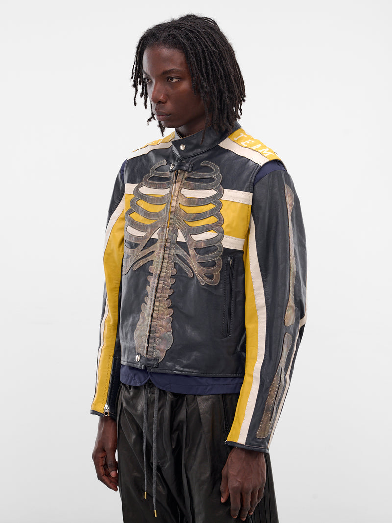 Bone Embroidered Leather Moto Jacket (LT-SV-NGA-1002-BLUE)