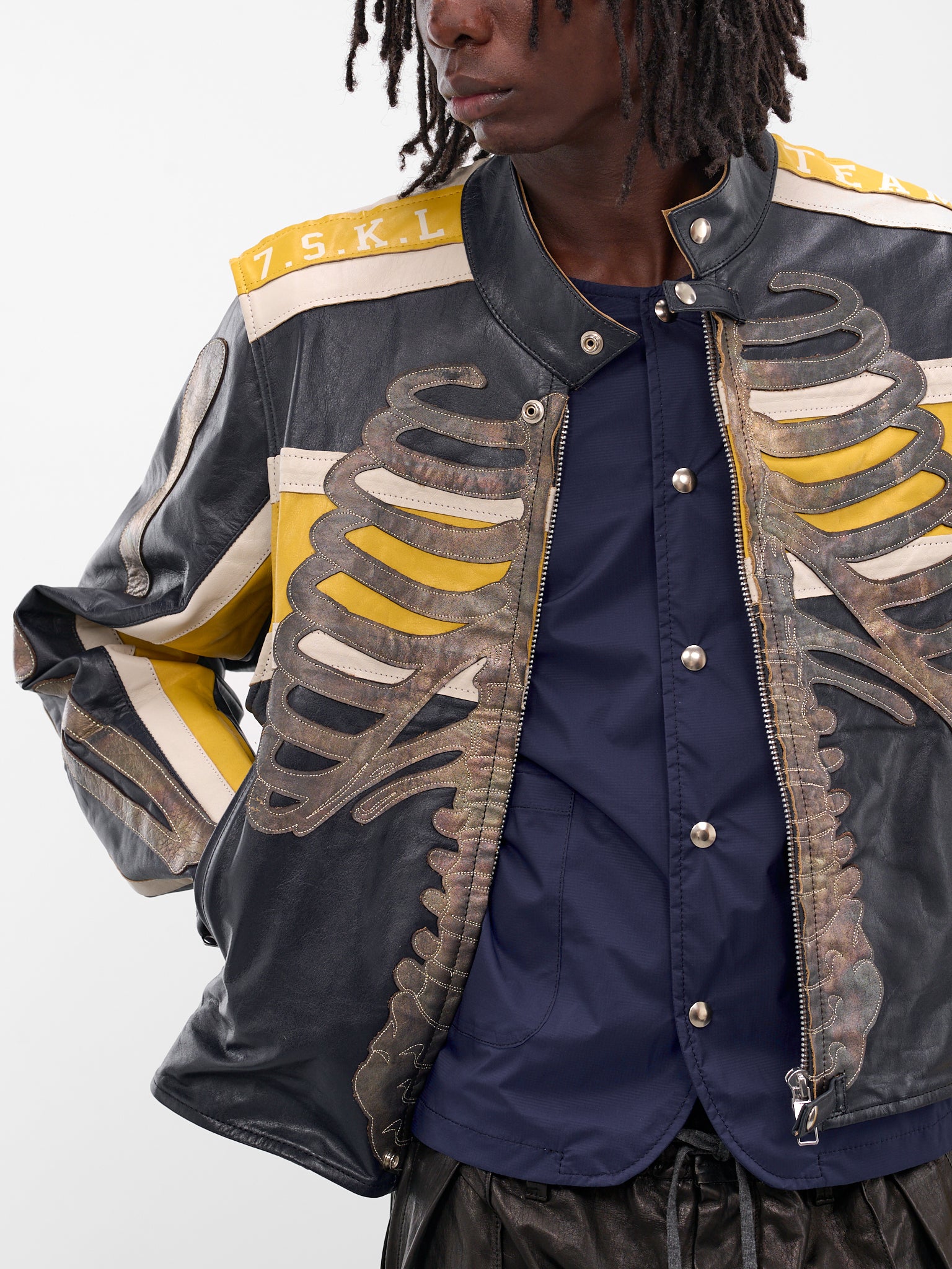 Bone Embroidered Leather Moto Jacket (LT-SV-NGA-1002-BLUE)