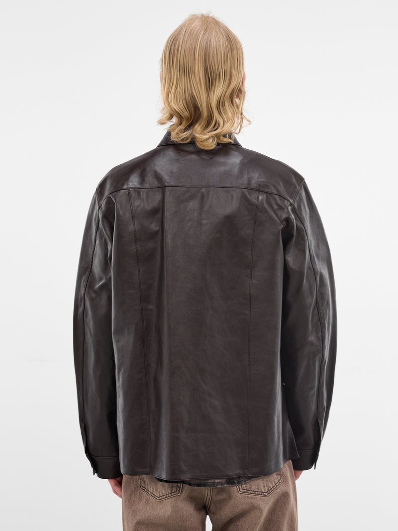 Brown Leather Boxy Welding Shirt (M4259WU-UMBER-BROWN-FLUID)
