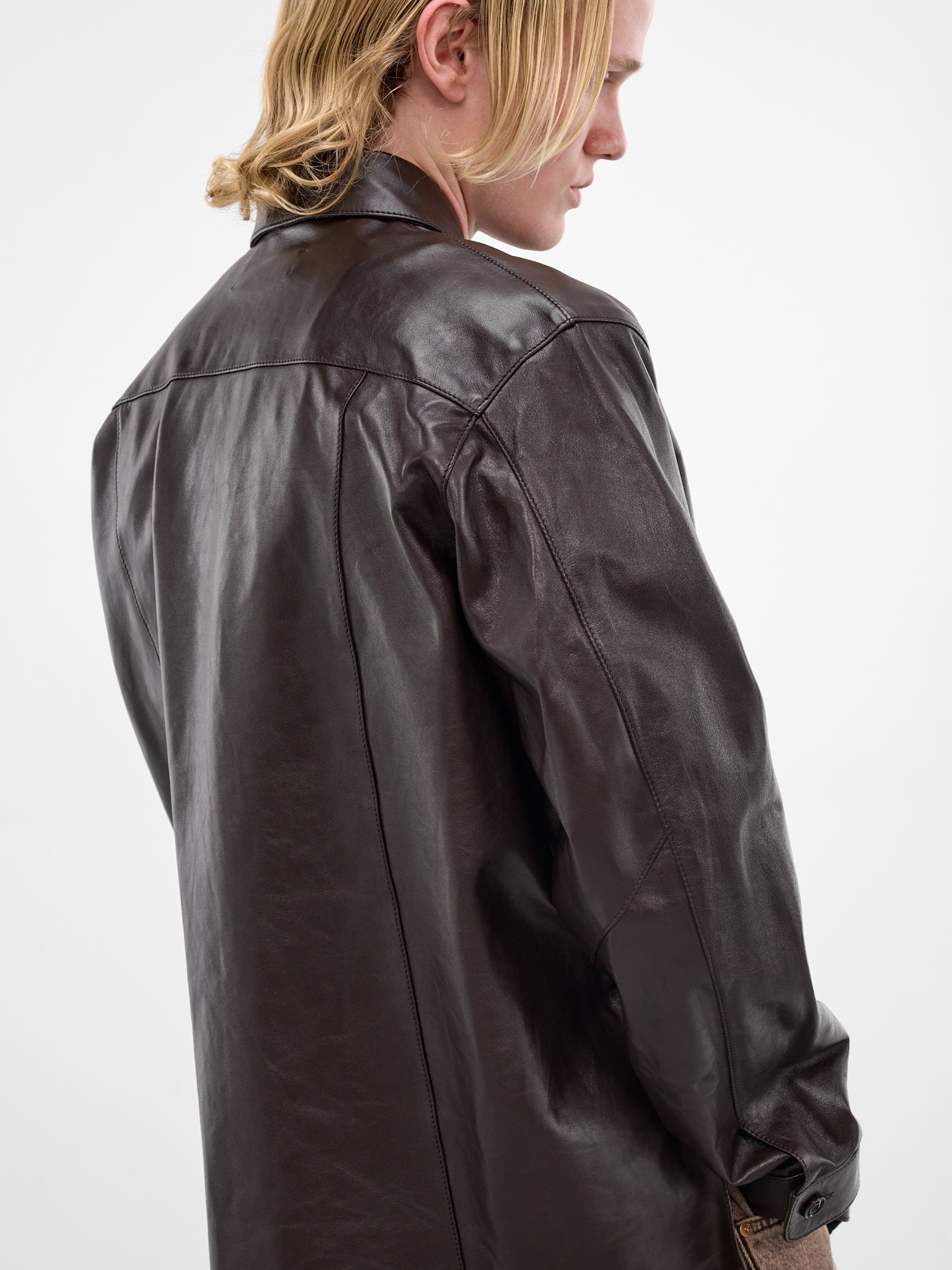 Brown Leather Boxy Welding Shirt (M4259WU-UMBER-BROWN-FLUID)