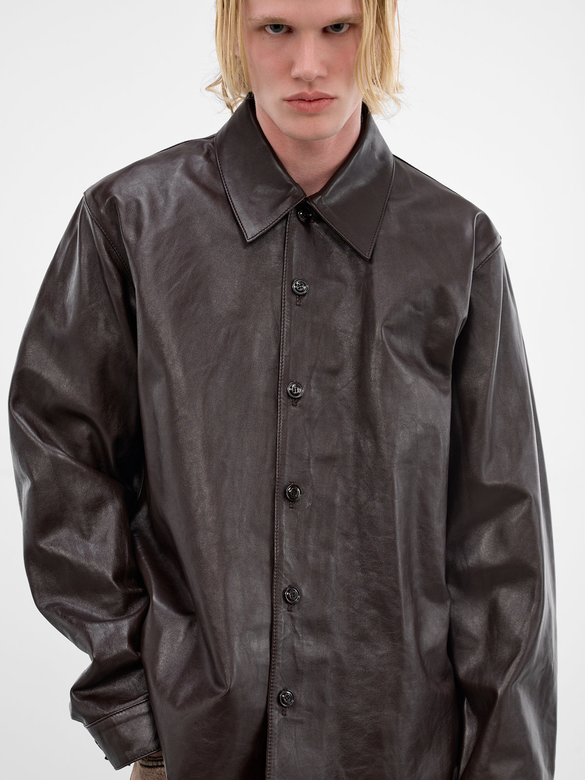 Brown Leather Boxy Welding Shirt (M4259WU-UMBER-BROWN-FLUID)