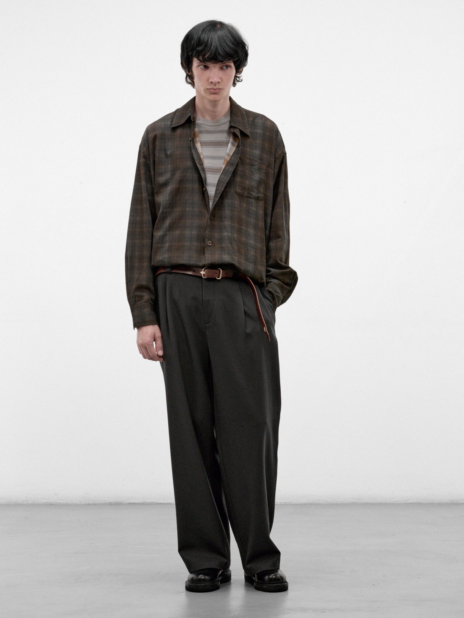 Brown Plaid Cotton Borrowed Shirt (M4262BMC-MORE-CHECK-PRINT)