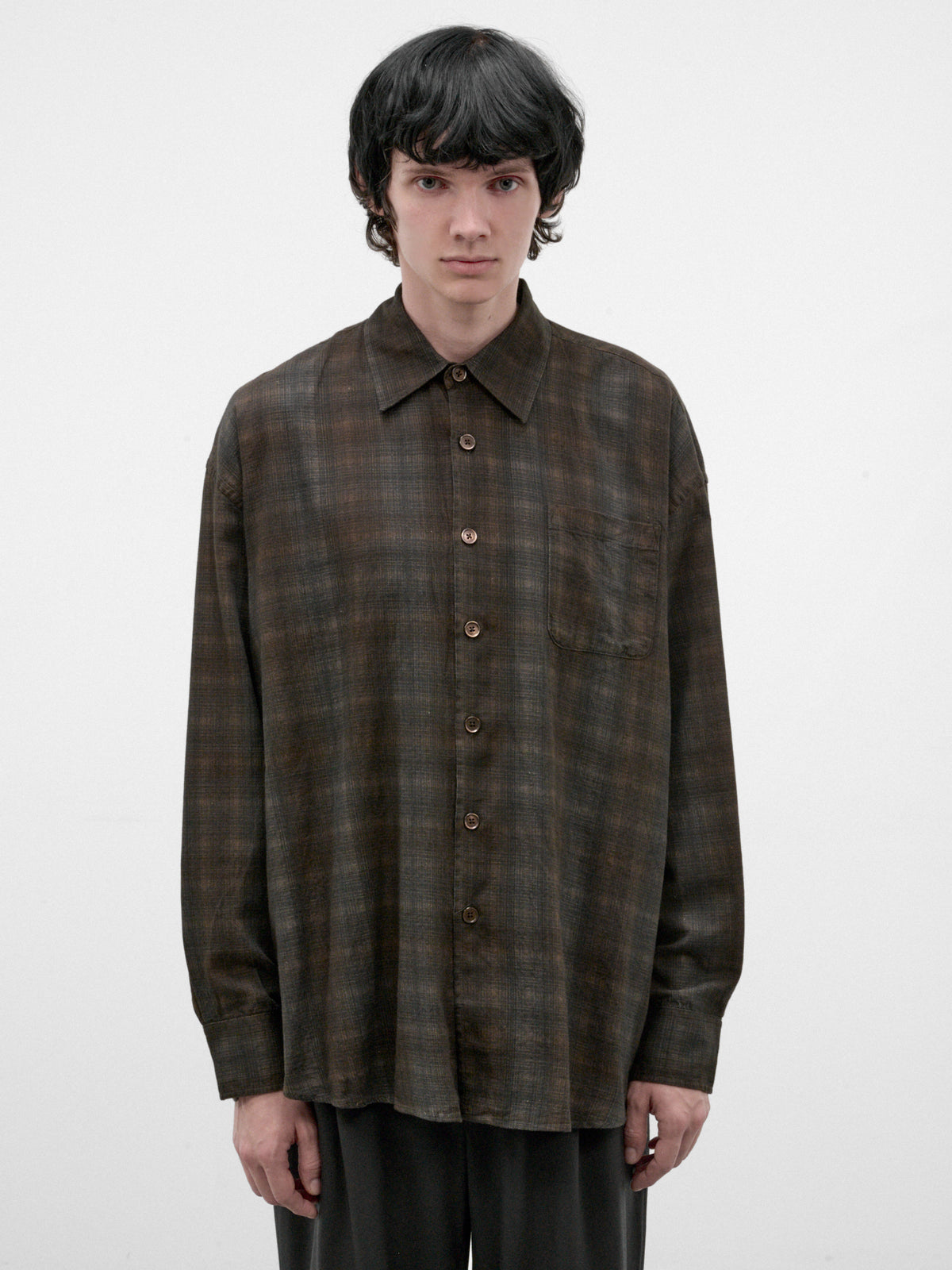 Brown Plaid Cotton Borrowed Shirt (M4262BMC-MORE-CHECK-PRINT)