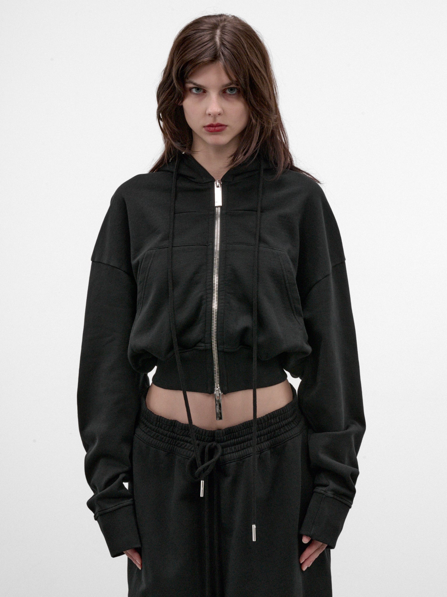 Black Cotton Cropped Zip Hoodie (MAT03T020-BLACK)