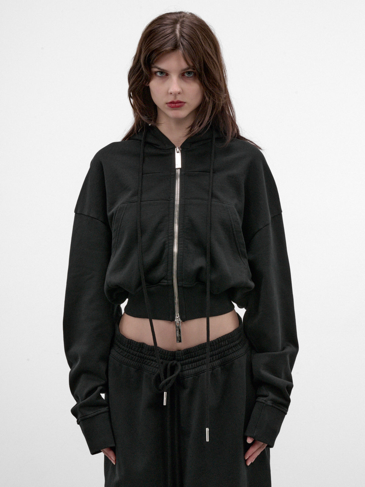 Black Cotton Cropped Zip Hoodie (MAT03T020-BLACK)