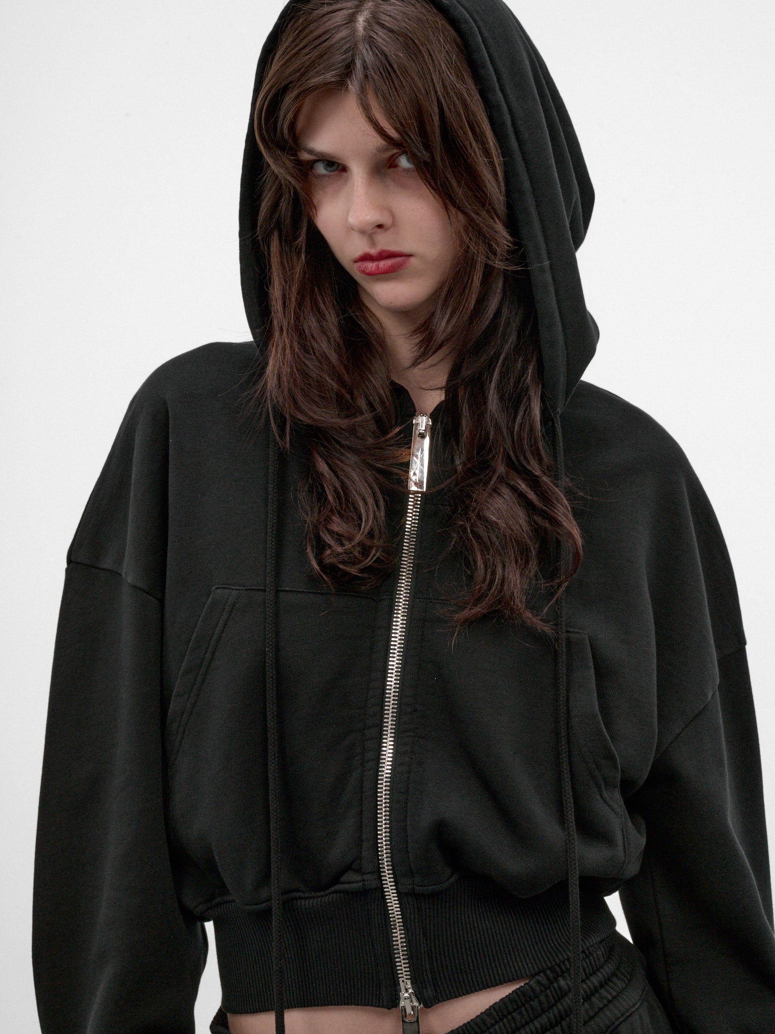 Black Cotton Cropped Zip Hoodie (MAT03T020-BLACK)