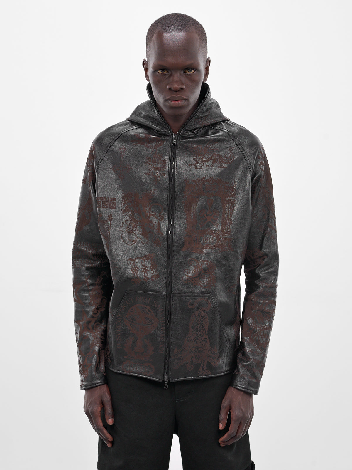 Black Embossed Graphic Leather Jacket (MBS3-TOP-LNJV2-BLACK)