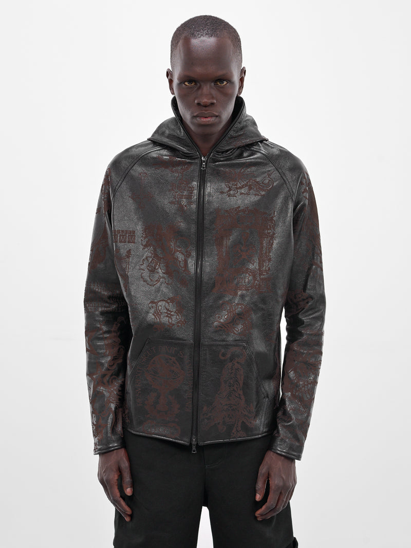 Black Embossed Graphic Leather Jacket (MBS3-TOP-LNJV2-BLACK)