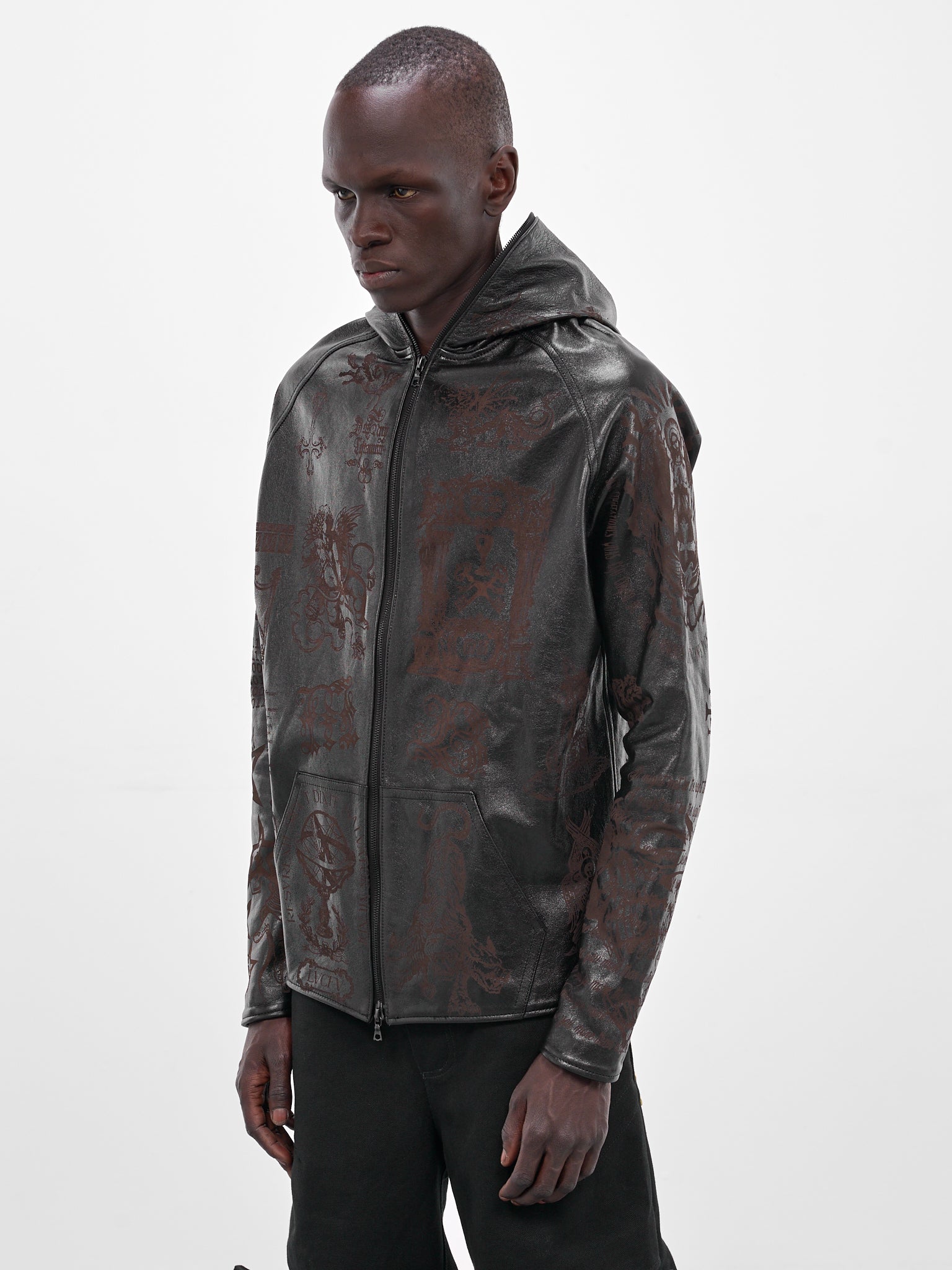 Black Embossed Graphic Leather Jacket (MBS3-TOP-LNJV2-BLACK)