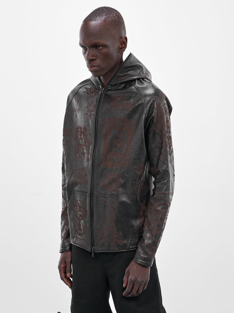 Black Embossed Graphic Leather Jacket (MBS3-TOP-LNJV2-BLACK)