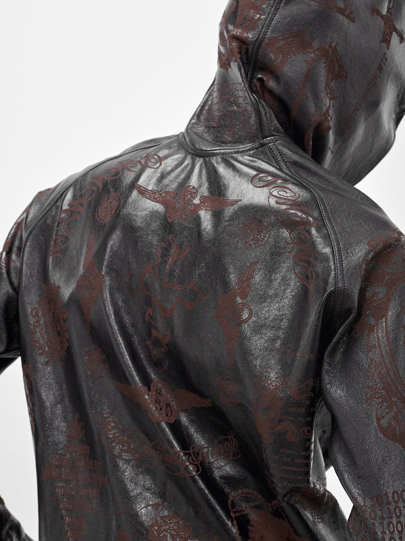 Black Embossed Graphic Leather Jacket (MBS3-TOP-LNJV2-BLACK)