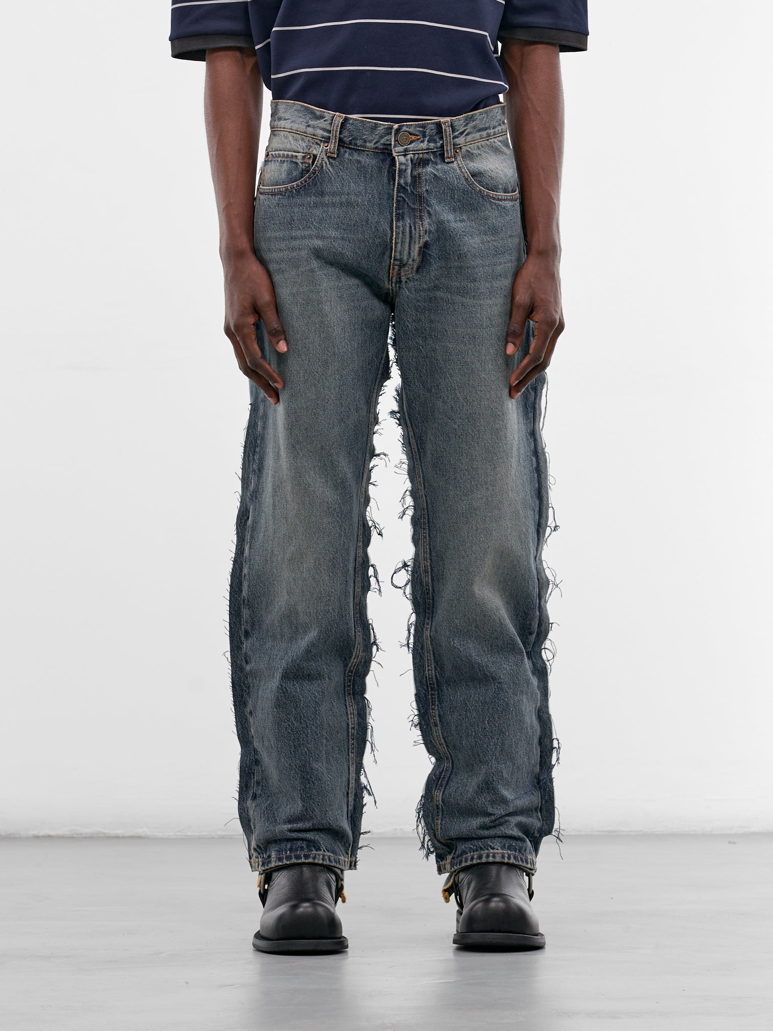 Blue Denim Deconstructed Cut-Up Jeans (ME76DP093NN-2808-MID-BLUE)