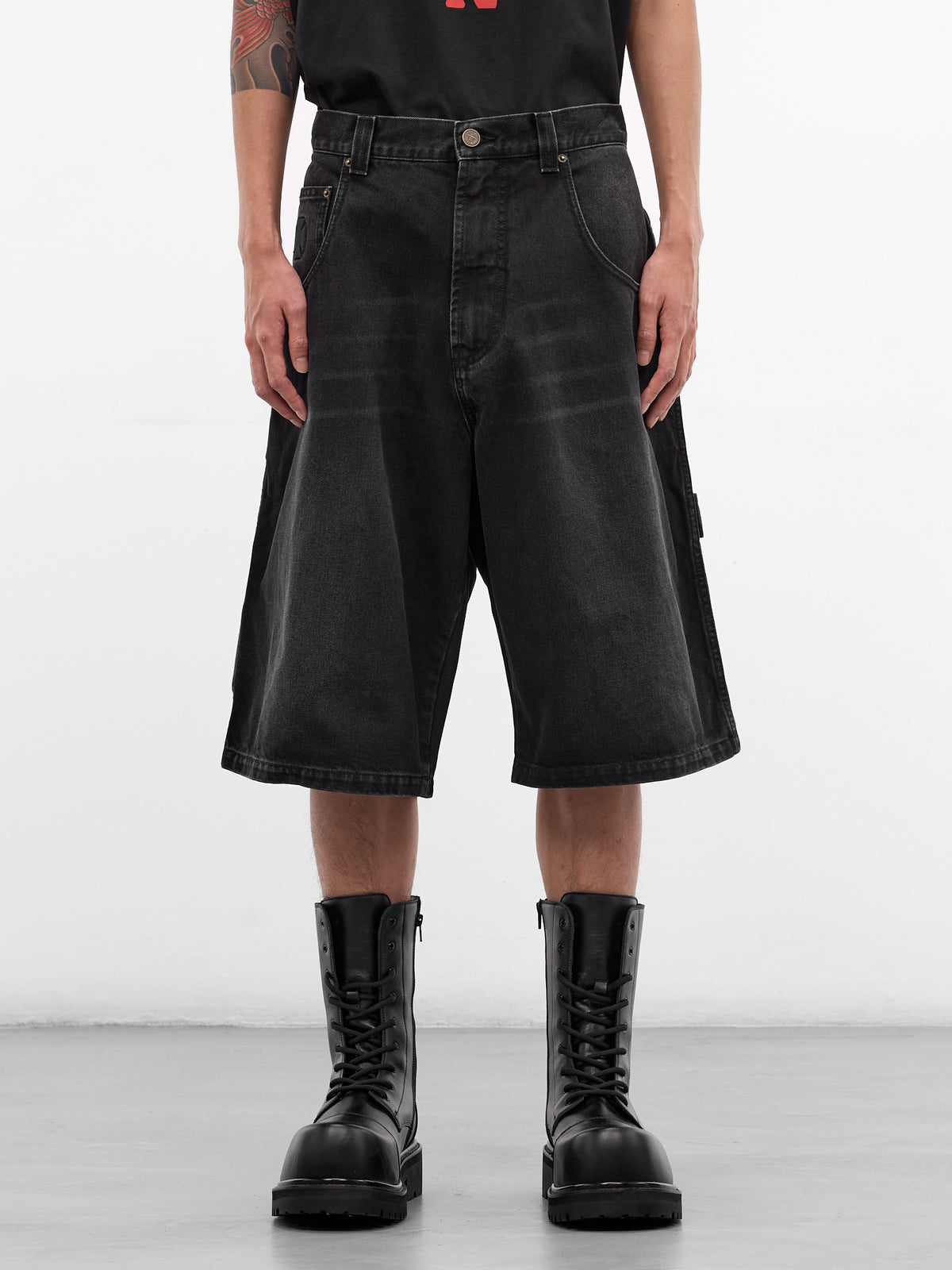 Black Denim Cross Carpenter's Shorts (ME76DP095B1-WASHED-BLACK)