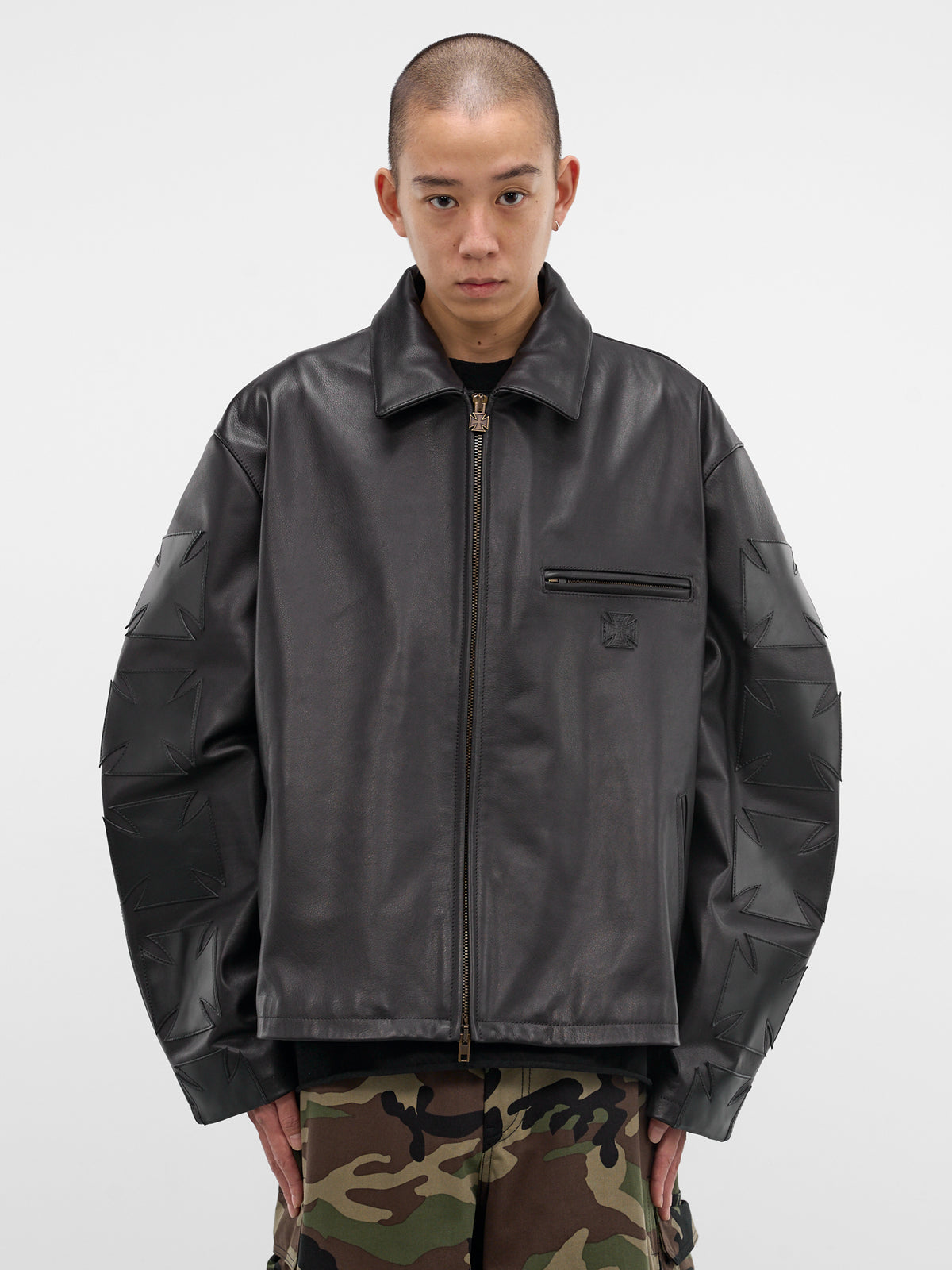 Black Biker Cross Leather Jacket (ME76LJ006B-BLACK)