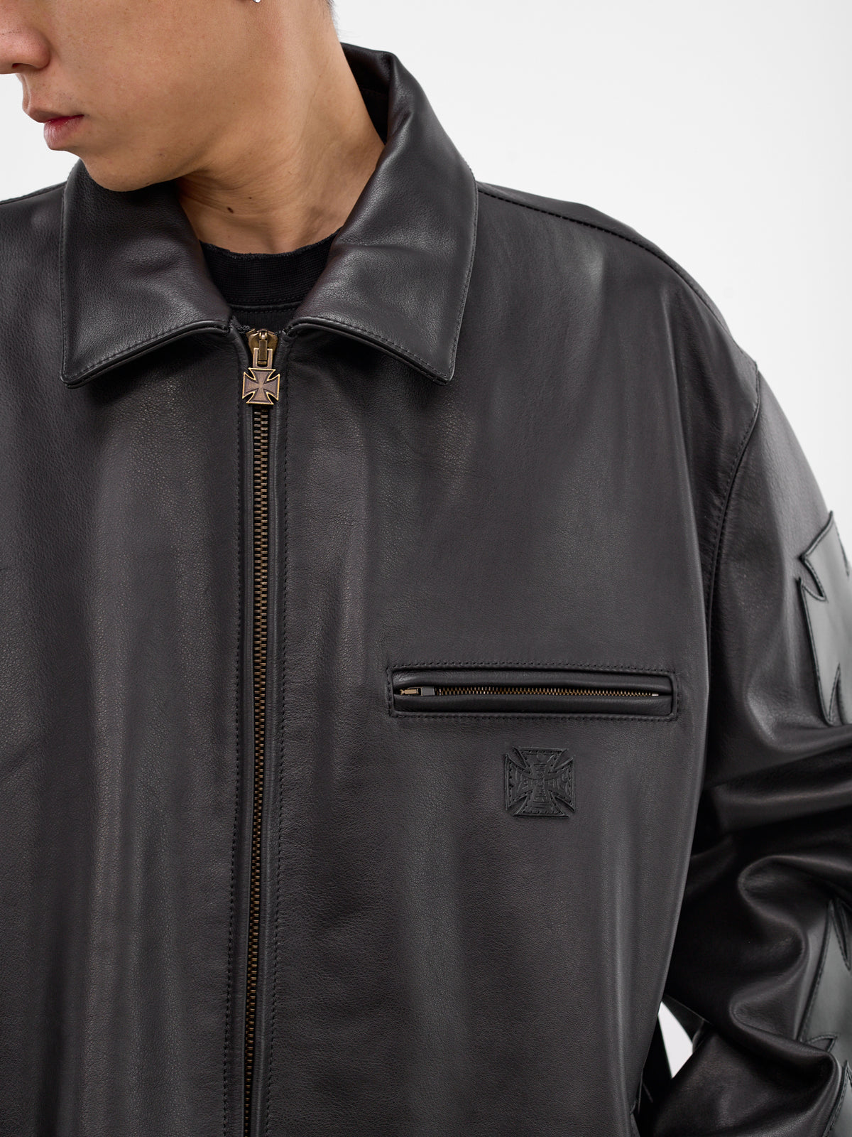 Black Biker Cross Leather Jacket (ME76LJ006B-BLACK)