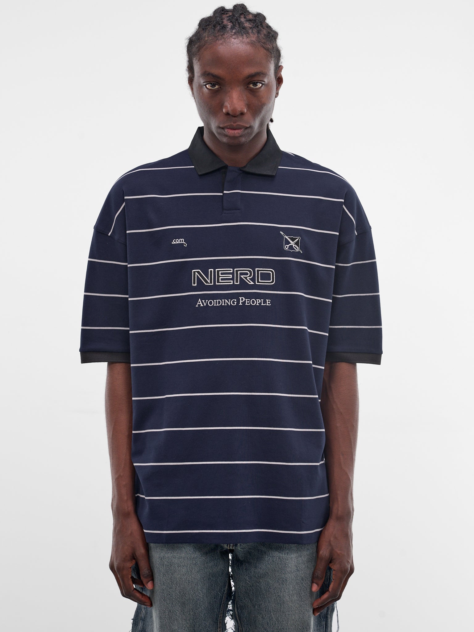 Striped Football Nerd Polo Shirt (ME76PO205N-26410-NAVY-WHITE)