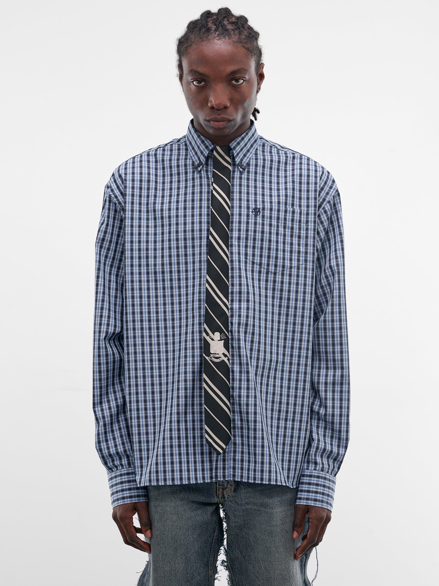 Blue Plaid Necktie Button-Down Shirt (ME76SH035N-26124-NAVY-CHECK)