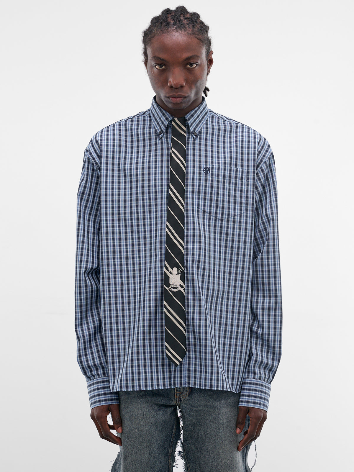 Blue Plaid Necktie Button-Down Shirt (ME76SH035N-26124-NAVY-CHECK)