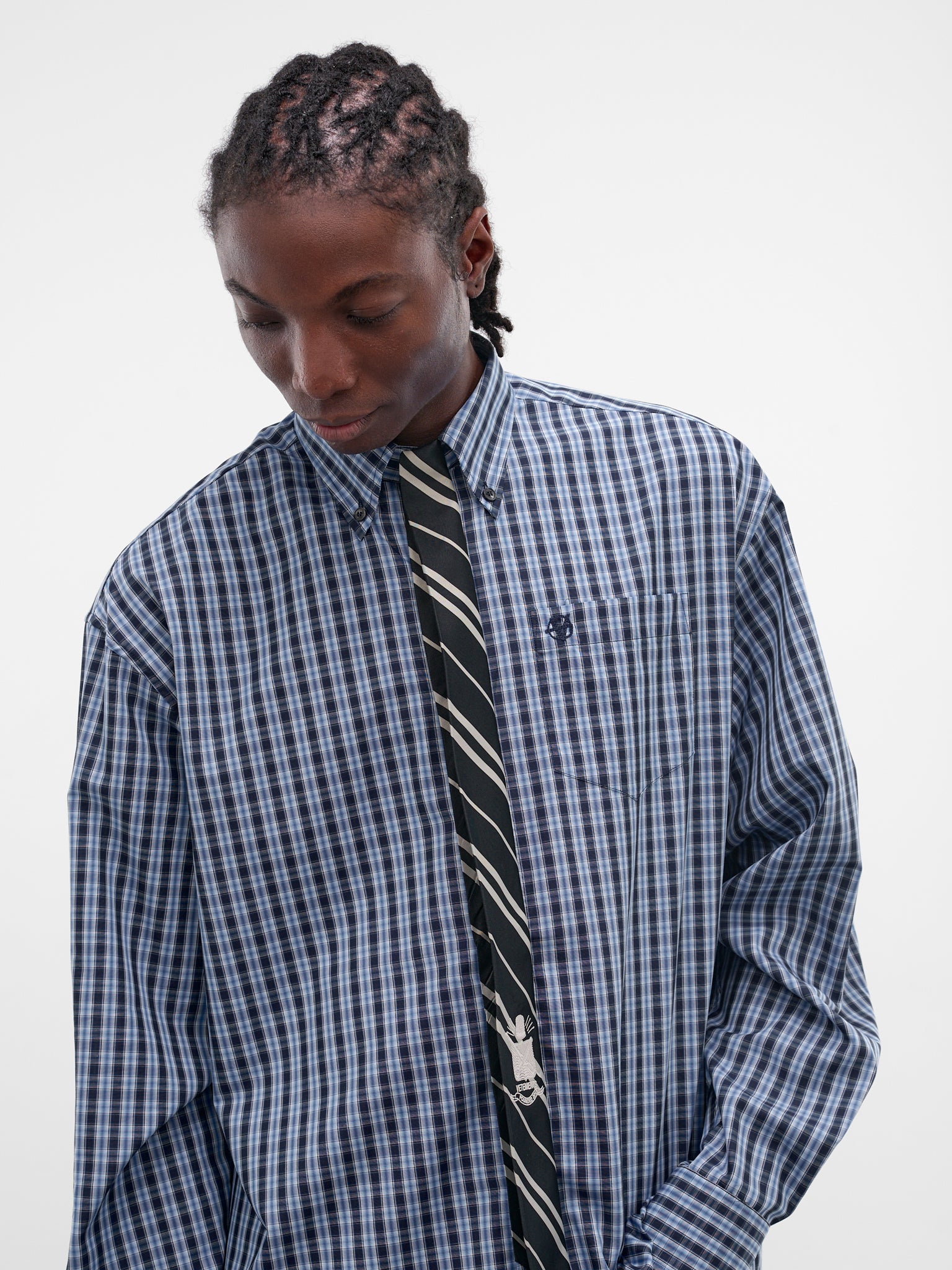 Blue Plaid Necktie Button-Down Shirt (ME76SH035N-26124-NAVY-CHECK)