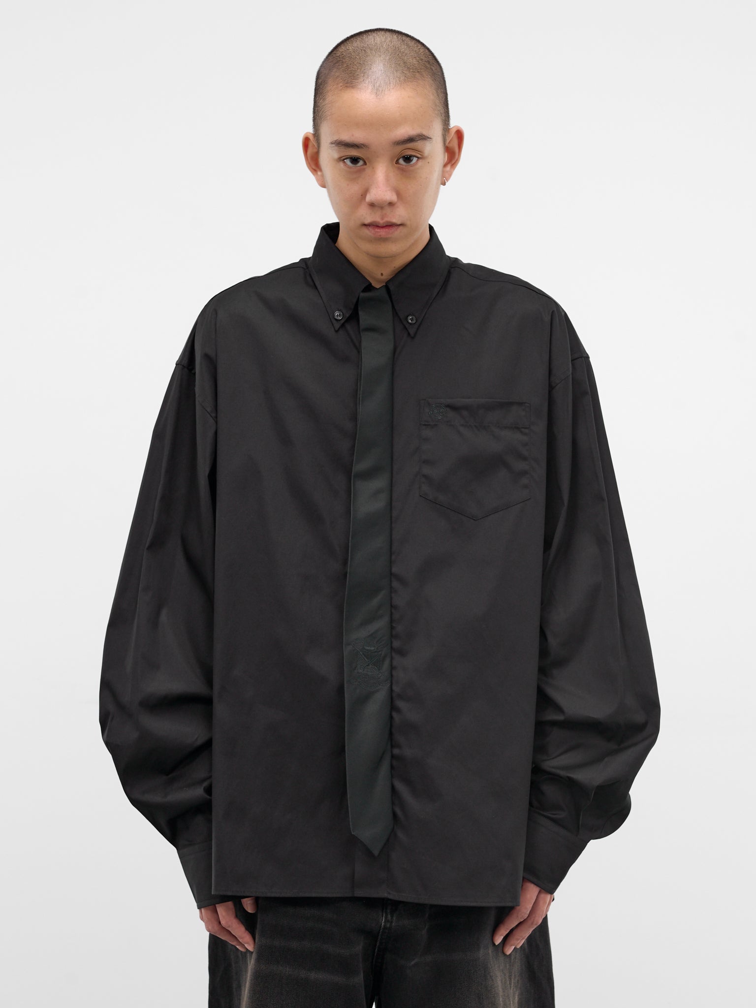 Black Cotton Oversized Necktie Shirt (ME76SH037B-BLACK)