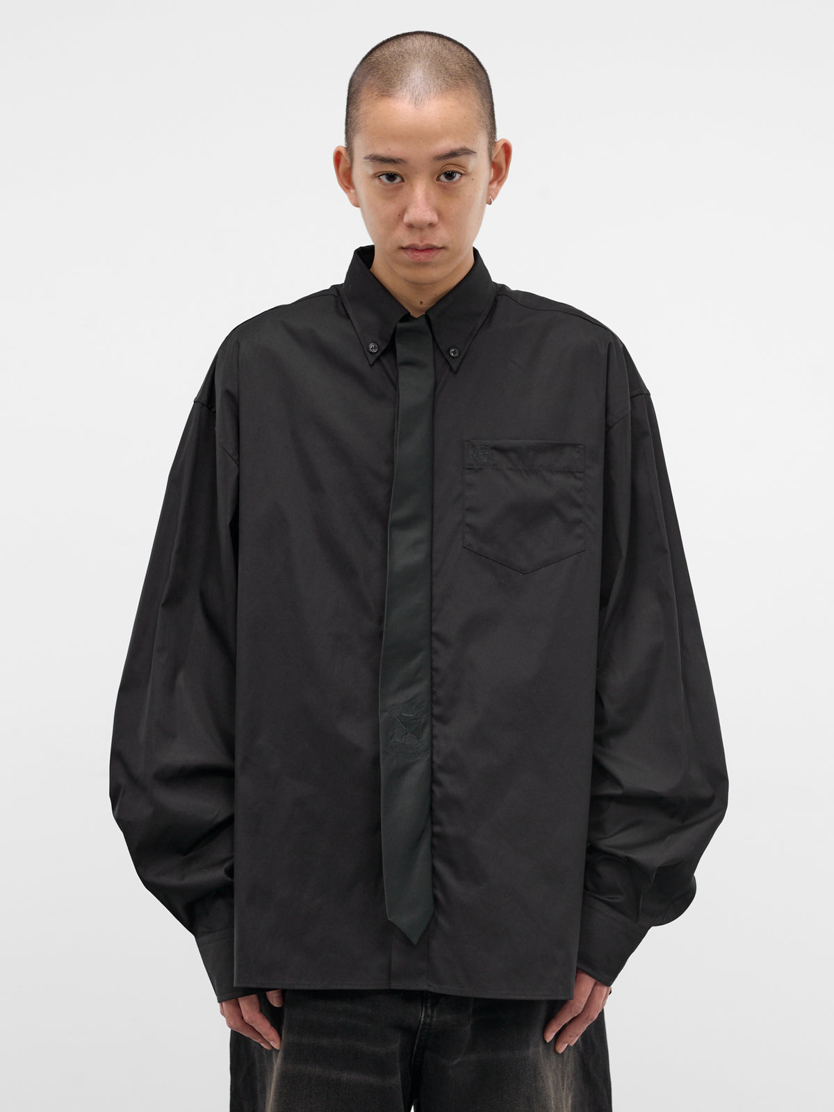 Black Cotton Oversized Necktie Shirt (ME76SH037B-BLACK)