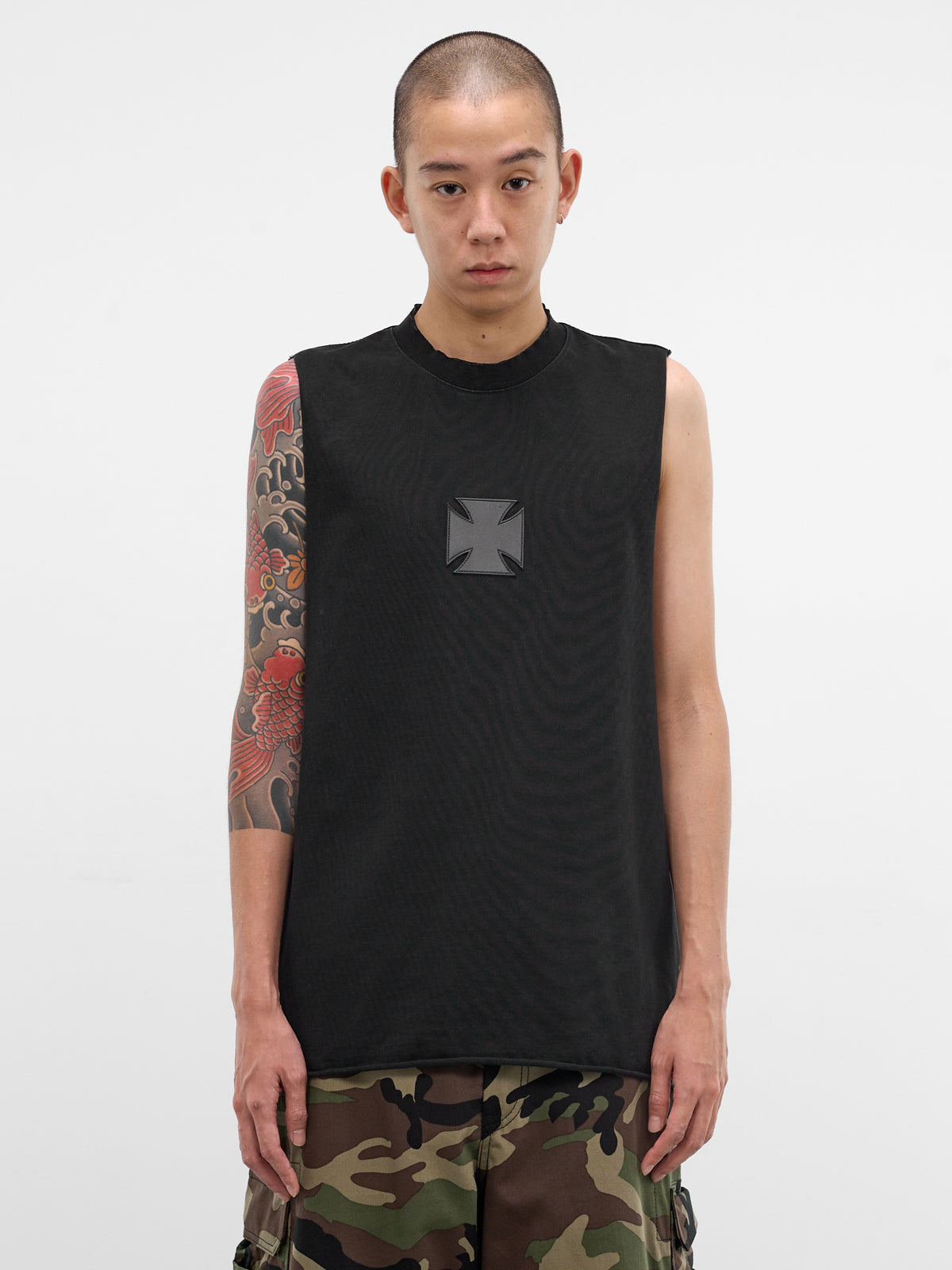 Black Leather Biker Cross Tank (ME76TR154BX-WASHED-OUT-BLACK)