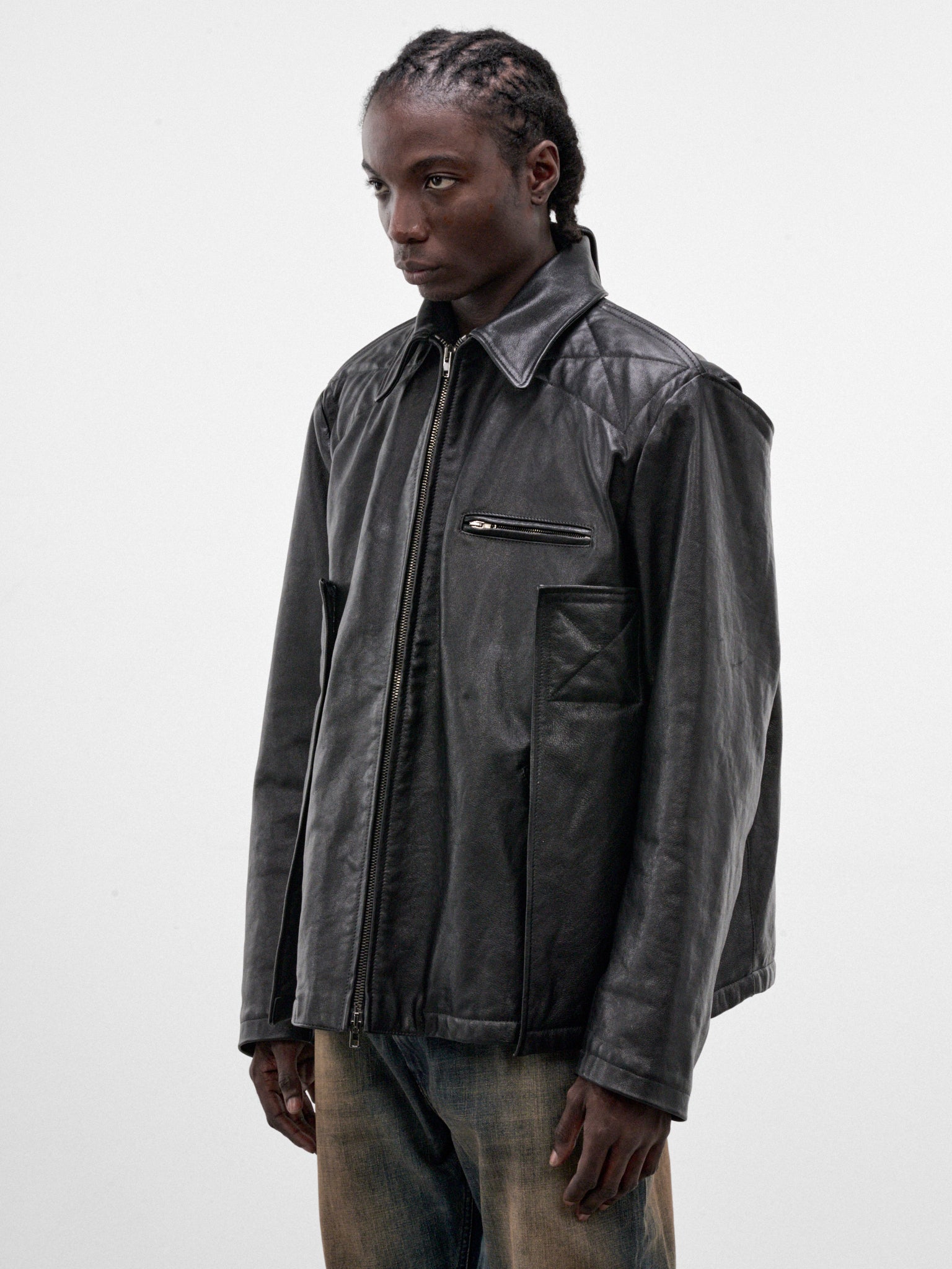 Black Oversized Tactical Leather Jacket (MH27JA002BL-BLACK)