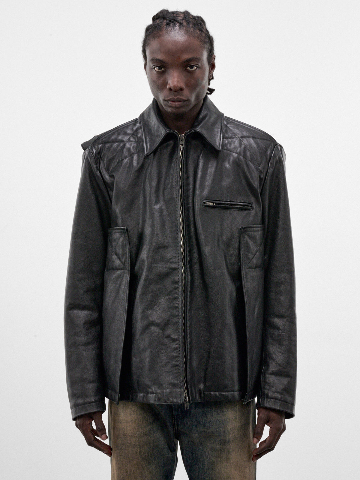 Black Oversized Tactical Leather Jacket (MH27JA002BL-BLACK)