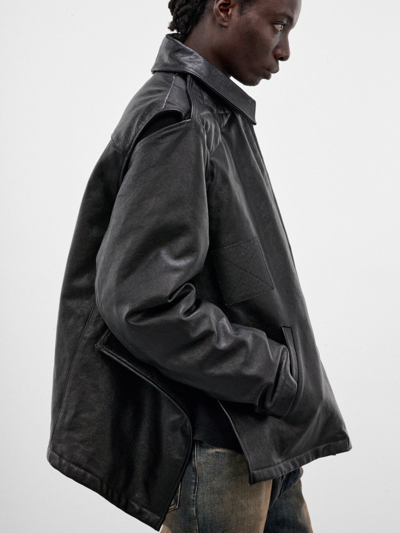 Black Oversized Tactical Leather Jacket (MH27JA002BL-BLACK)