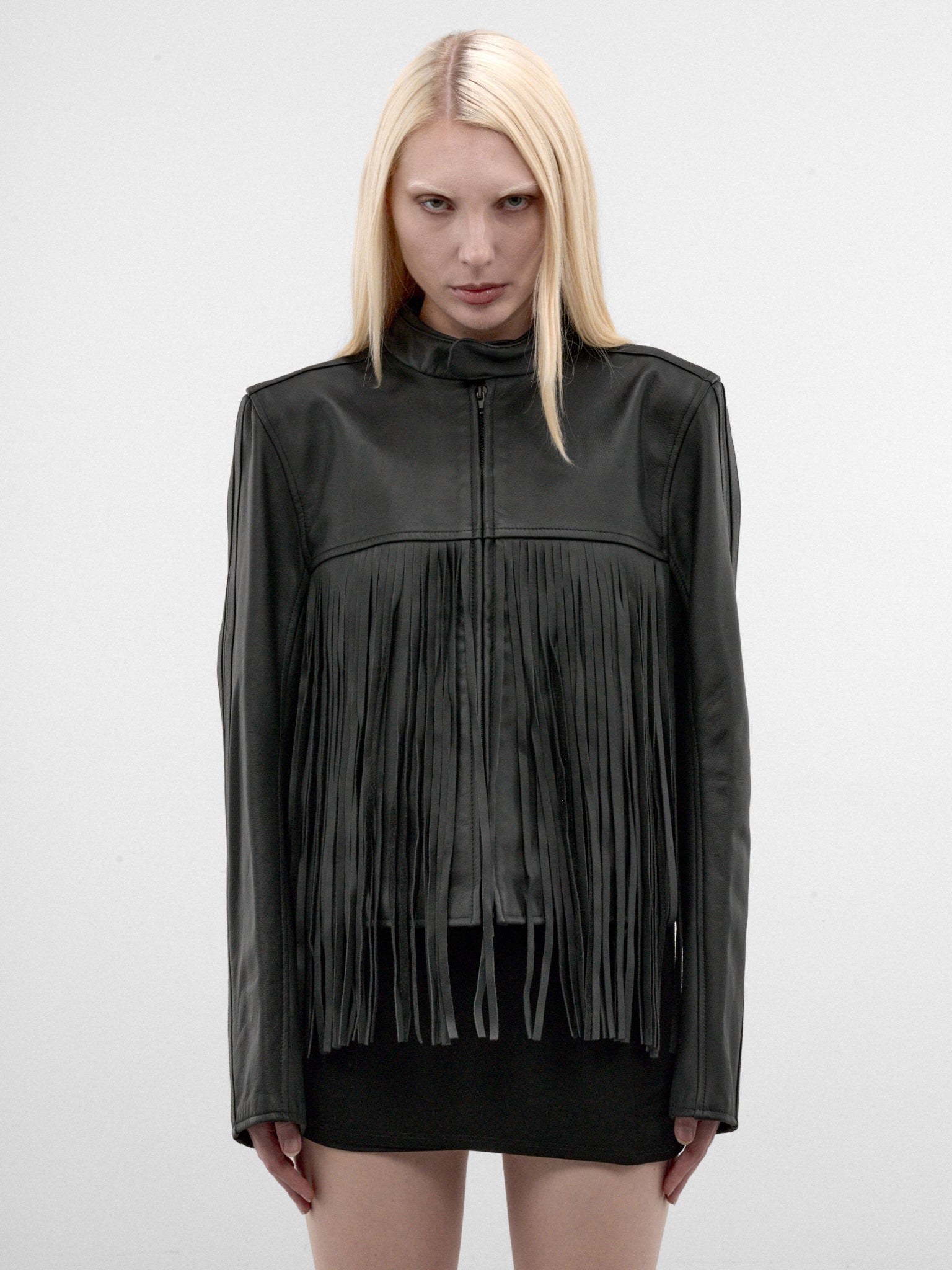 Black Leather Fringed Moto Jacket (MH27JA009BL-BLACK)
