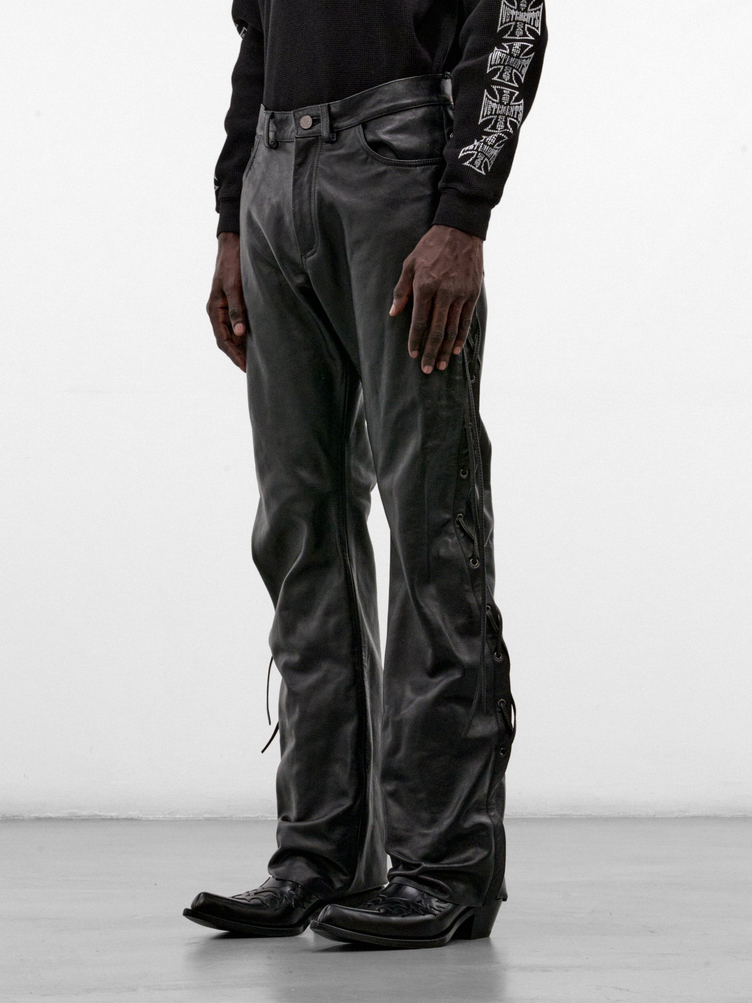 Black Leather Lace-Up O-Leg Pants (MH27PA011BL-BLACK)