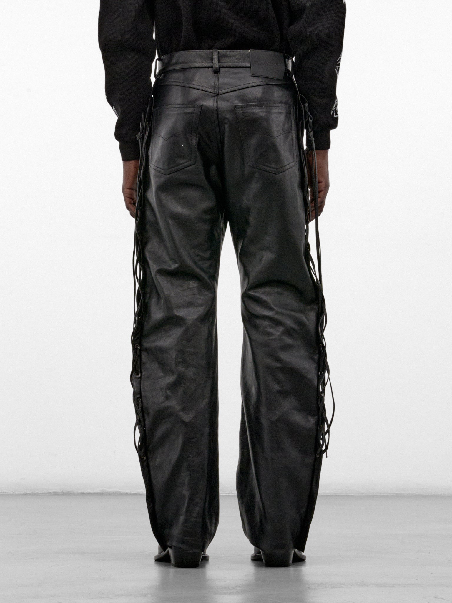 Black Leather Lace-Up O-Leg Pants (MH27PA011BL-BLACK)