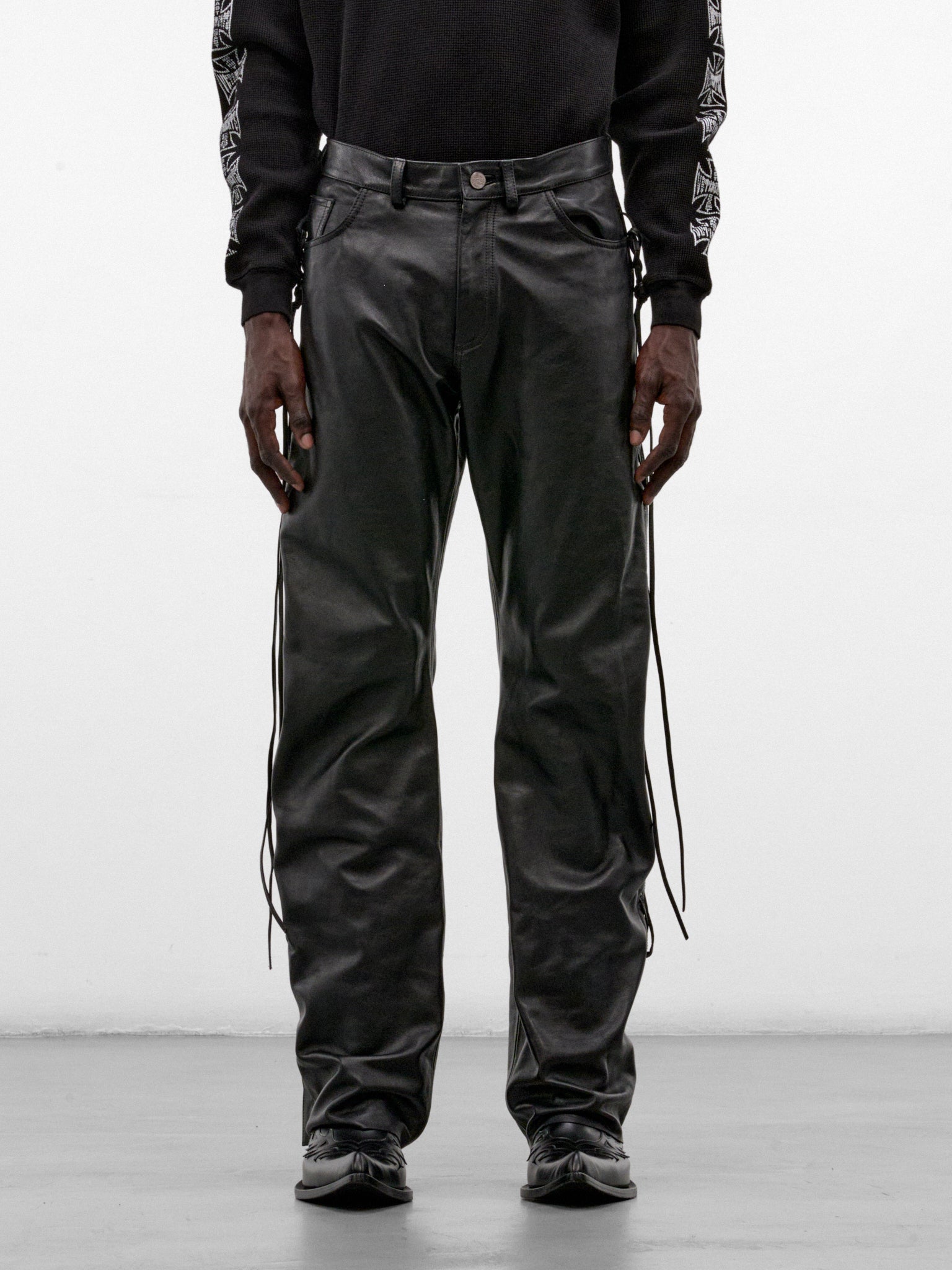 Black Leather Lace-Up O-Leg Pants (MH27PA011BL-BLACK)