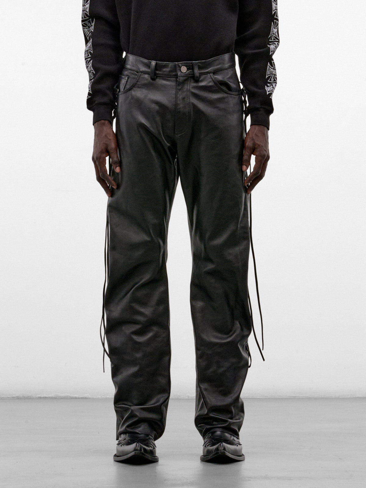 Black Leather Lace-Up O-Leg Pants (MH27PA011BL-BLACK)