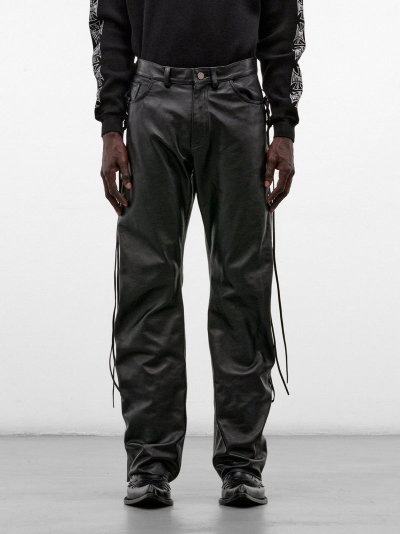Black Leather Lace-Up O-Leg Pants (MH27PA011BL-BLACK)