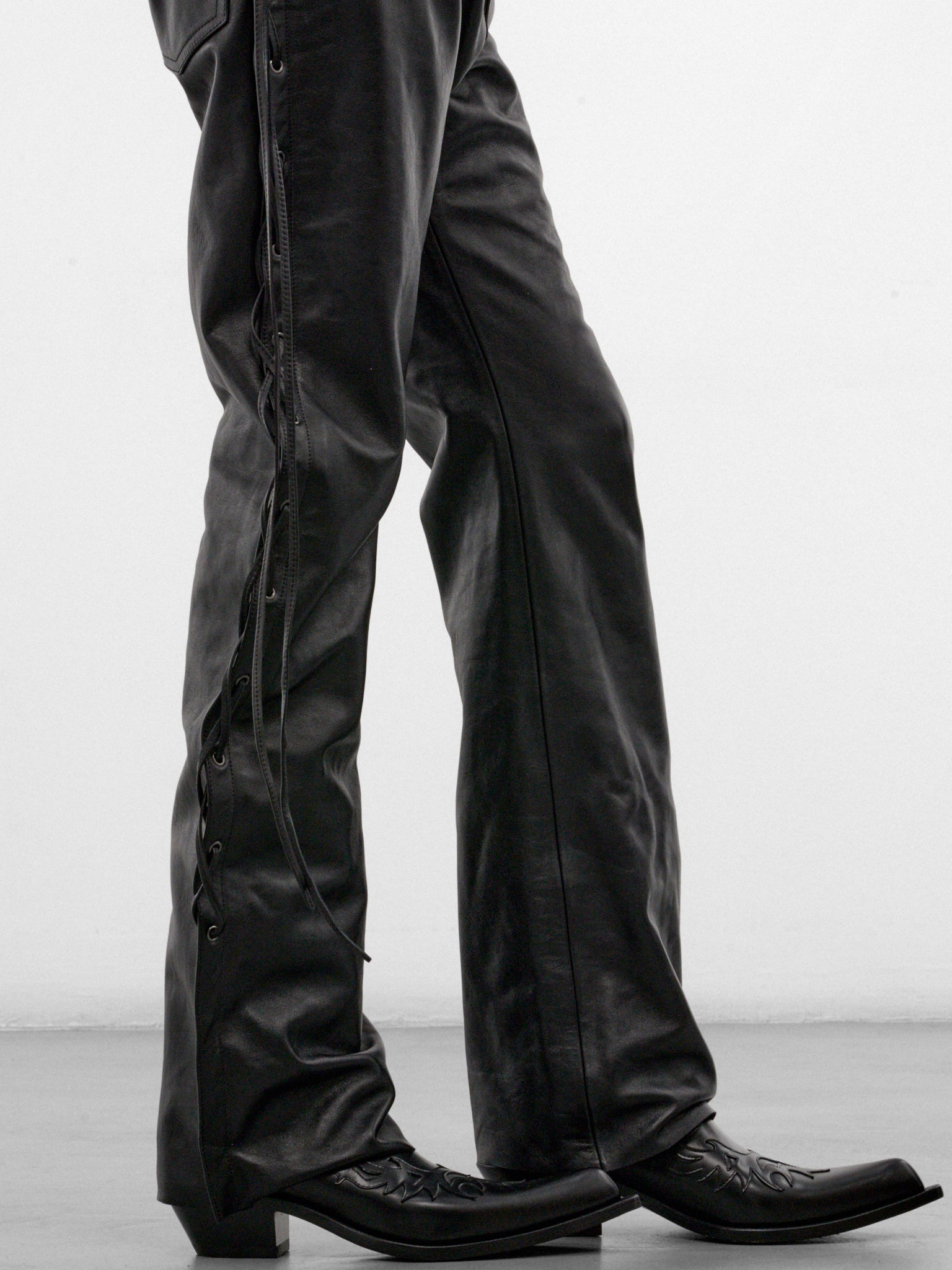 Black Leather Lace-Up O-Leg Pants (MH27PA011BL-BLACK)
