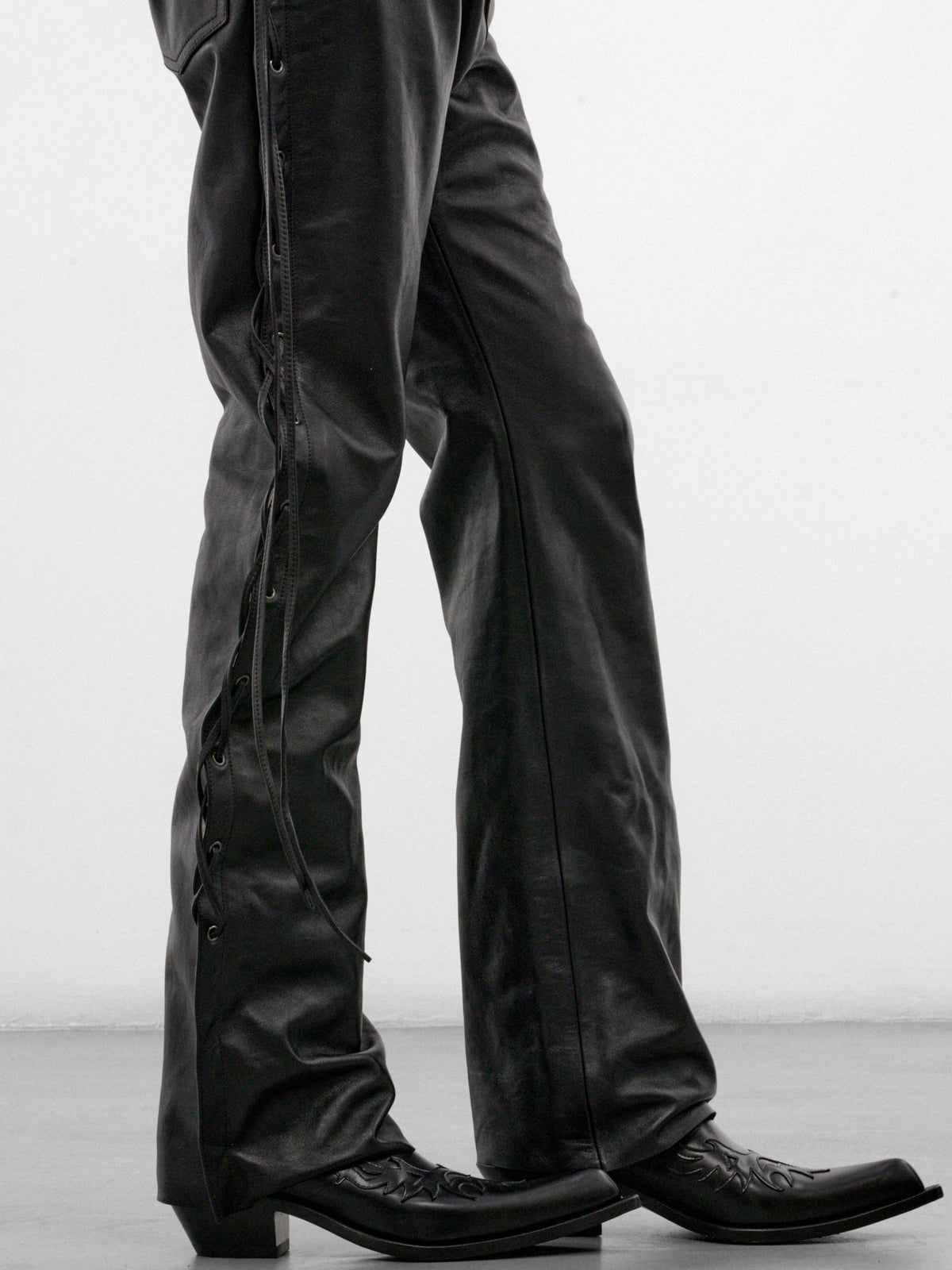 Black Leather Lace-Up O-Leg Pants (MH27PA011BL-BLACK)
