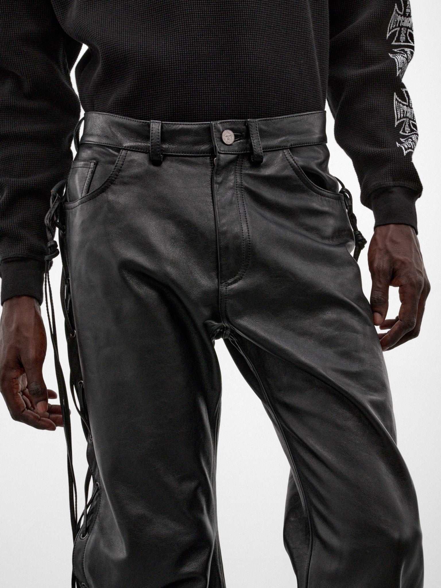 Black Leather Lace-Up O-Leg Pants (MH27PA011BL-BLACK)