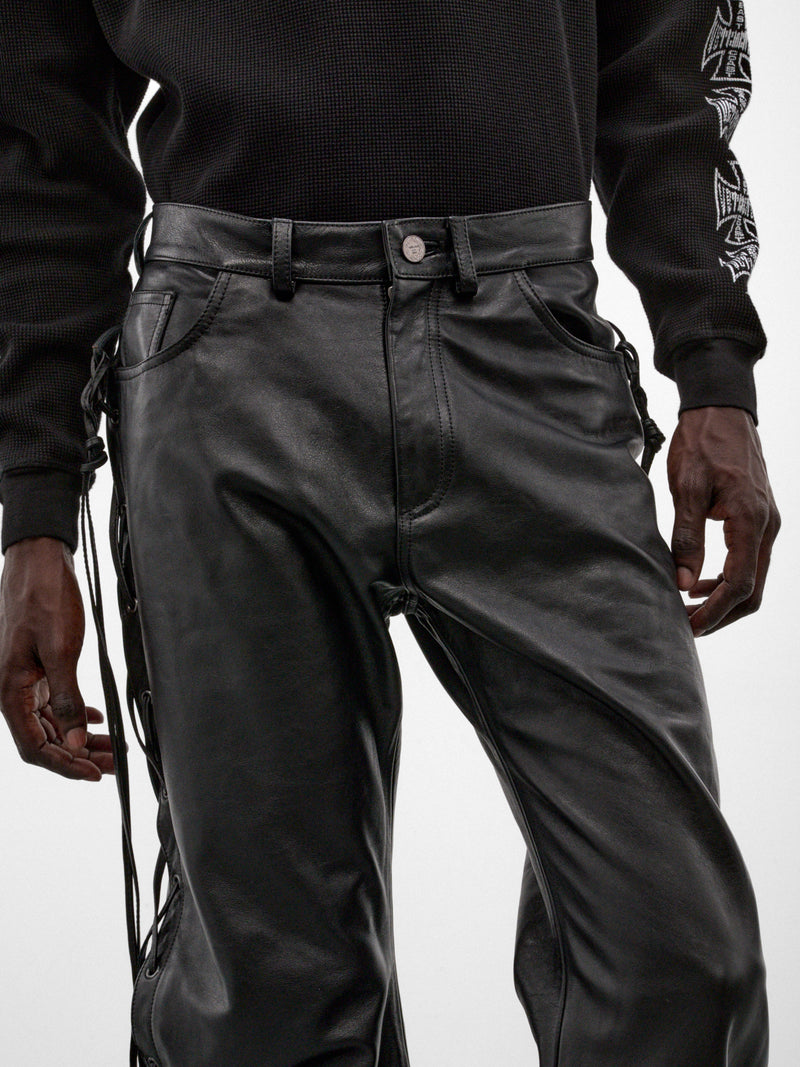 Black Leather Lace-Up O-Leg Pants (MH27PA011BL-BLACK)