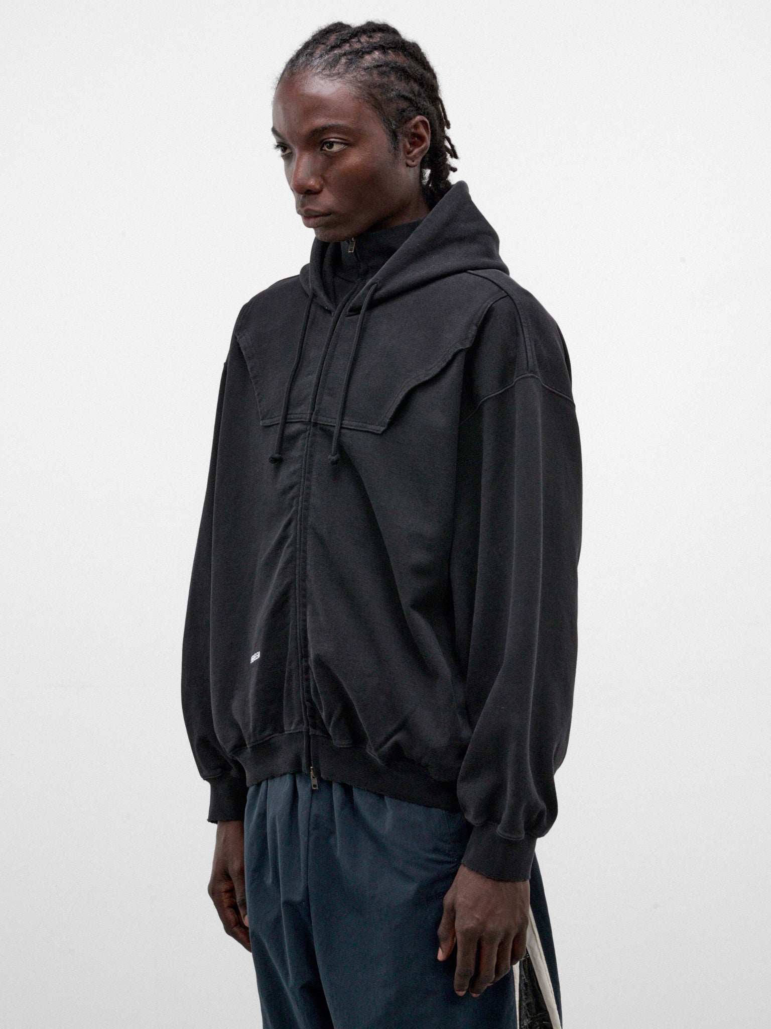 Black Cotton Upside-Down Zip-Up Hoodie (MH27ZU158B-WASHED-BLACK)