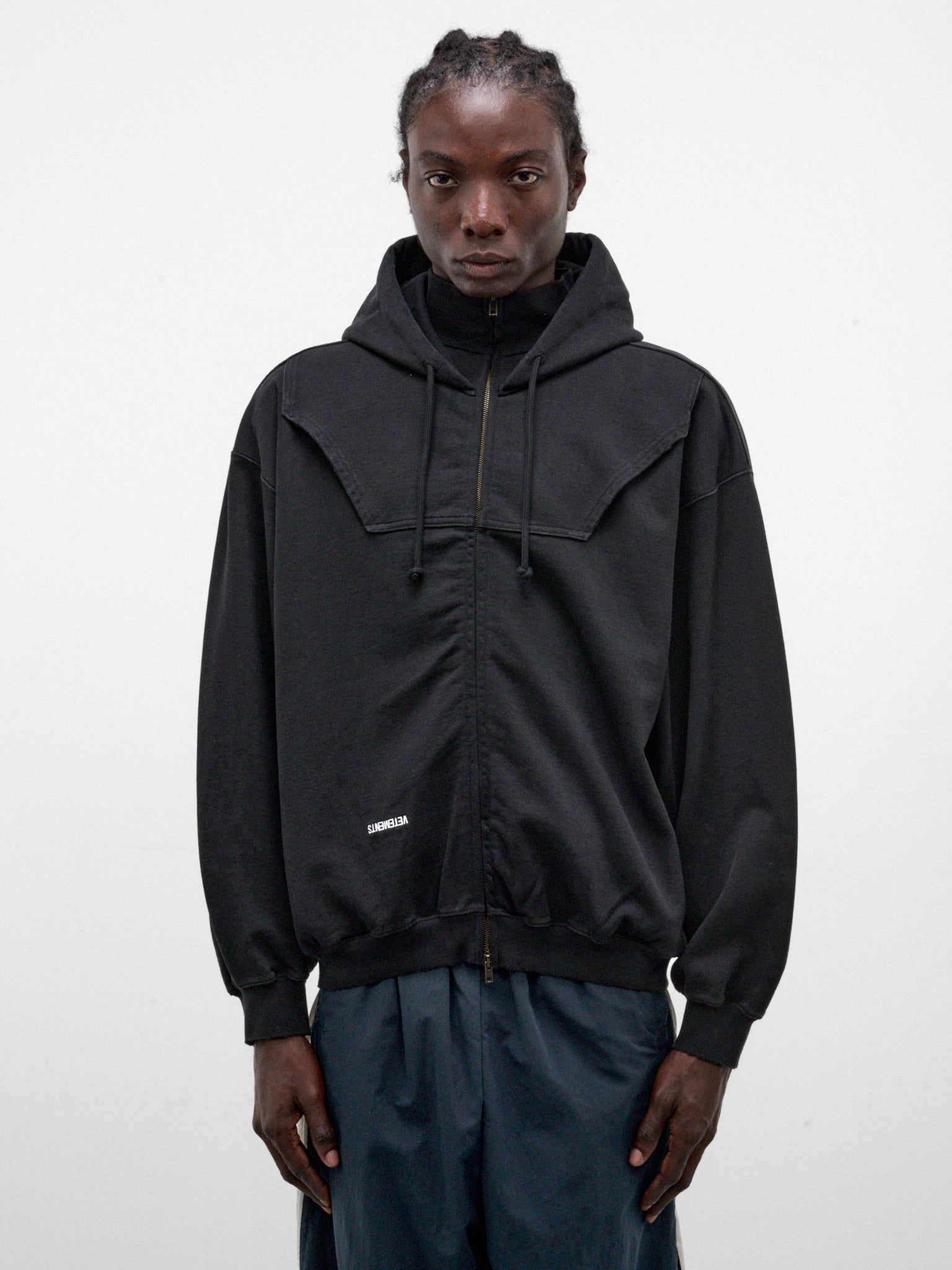 Black Cotton Upside-Down Zip-Up Hoodie (MH27ZU158B-WASHED-BLACK)