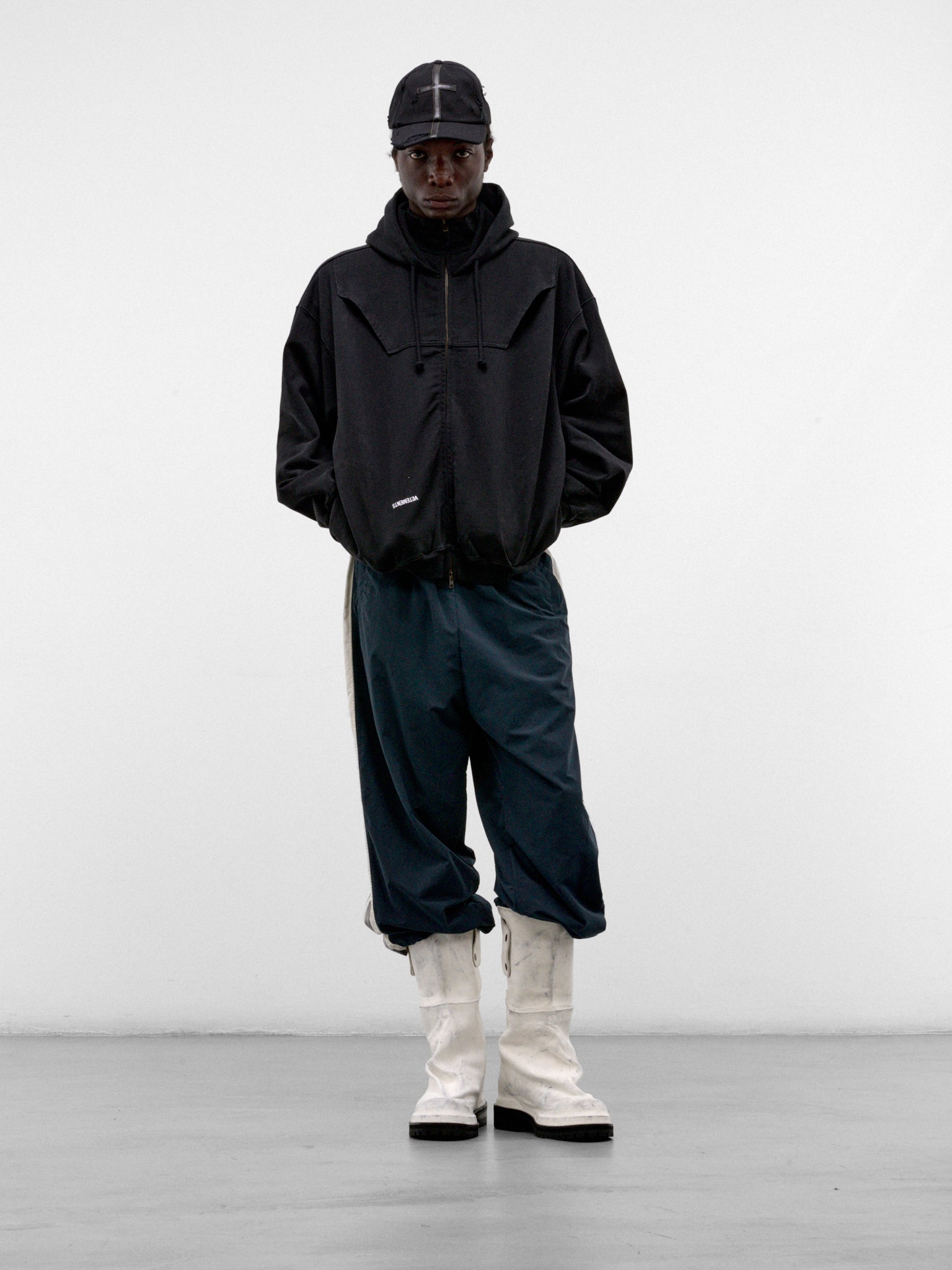 Black Cotton Upside-Down Zip-Up Hoodie (MH27ZU158B-WASHED-BLACK)