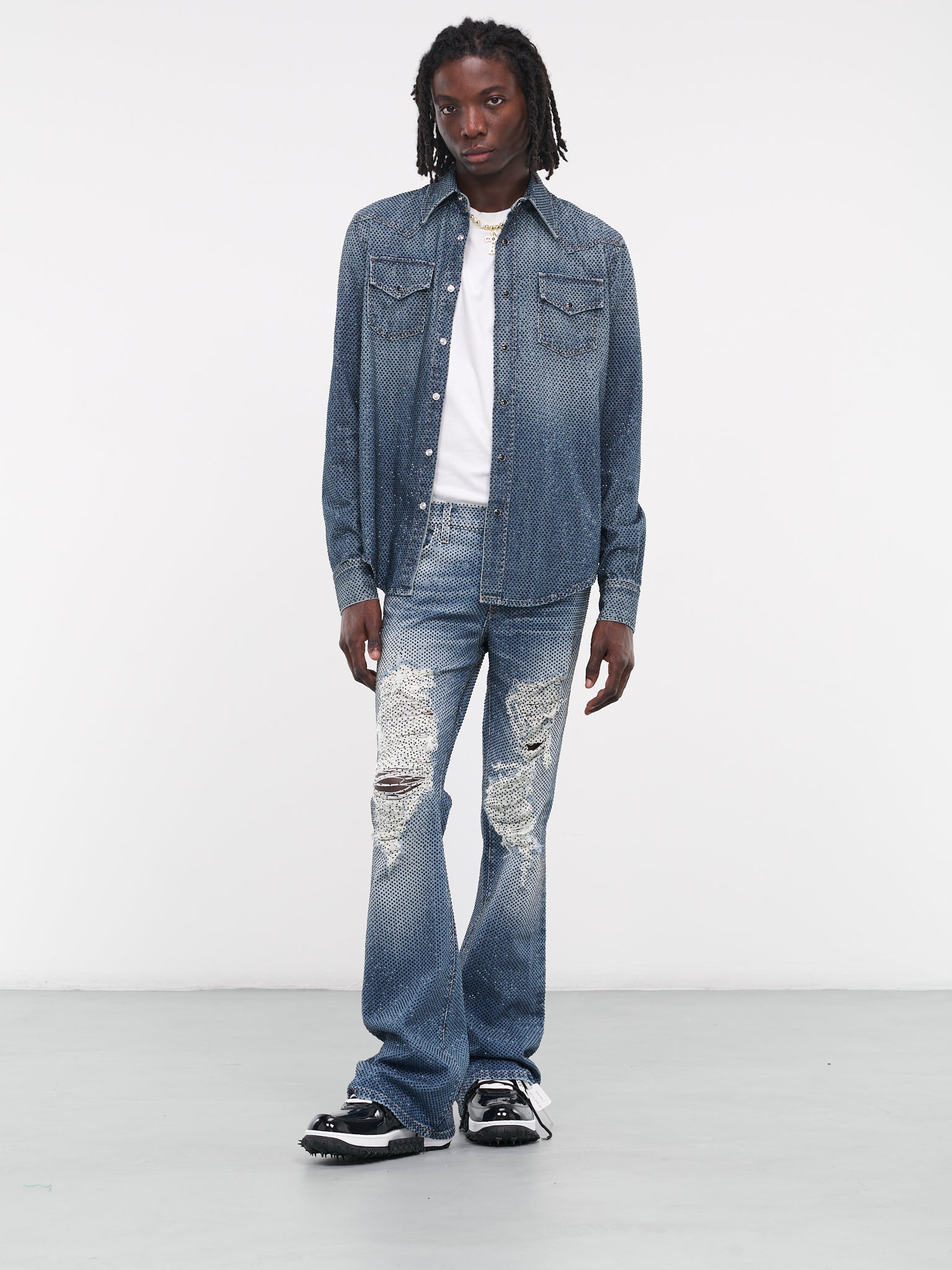 Distressed denim shirt sale