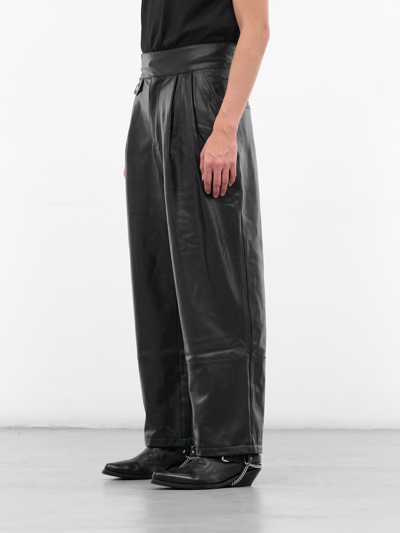 Black Leather Pleated Belt Trousers (MP002-BLACK)