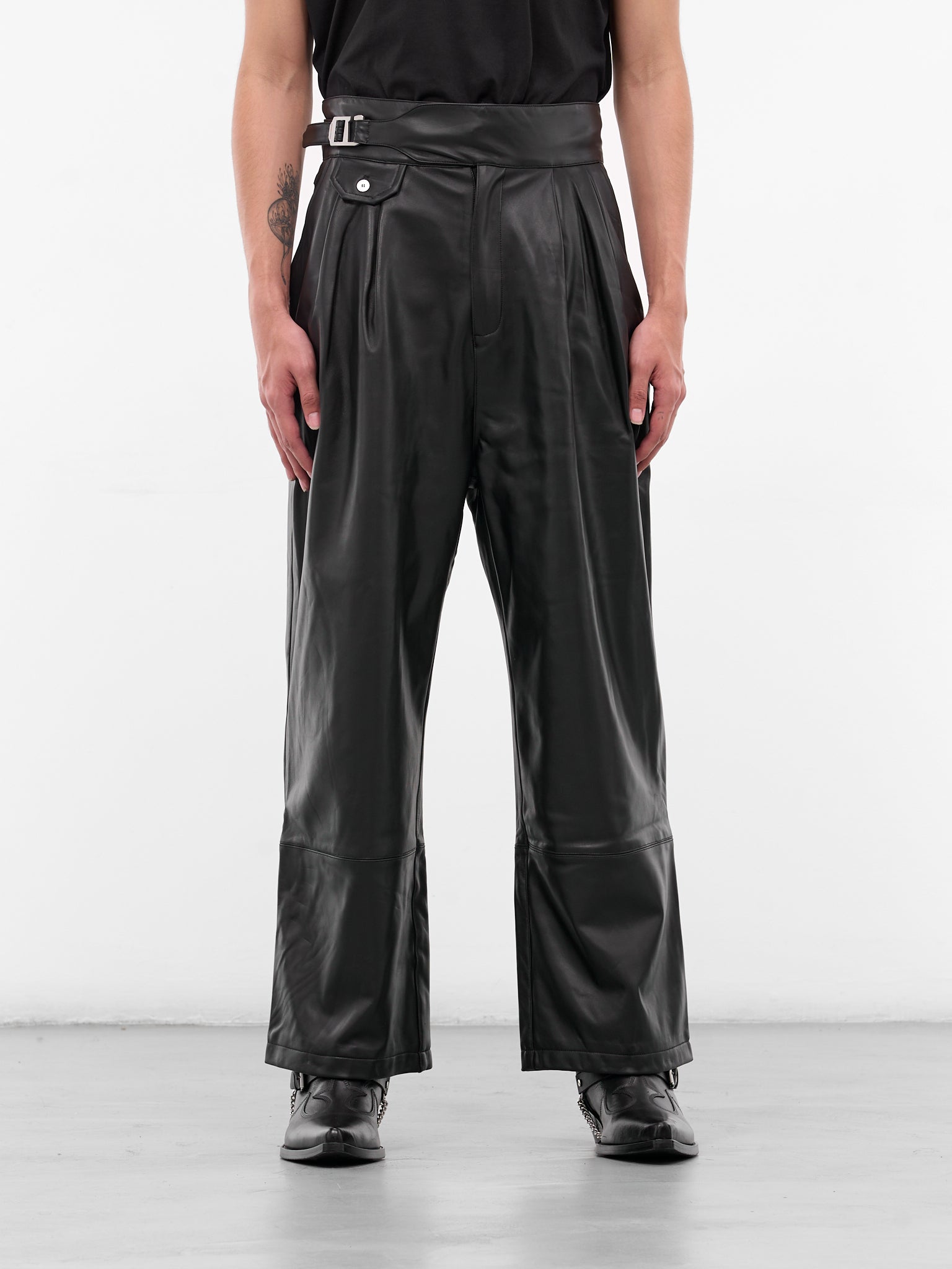 Black Leather Pleated Belt Trousers (MP002-BLACK)