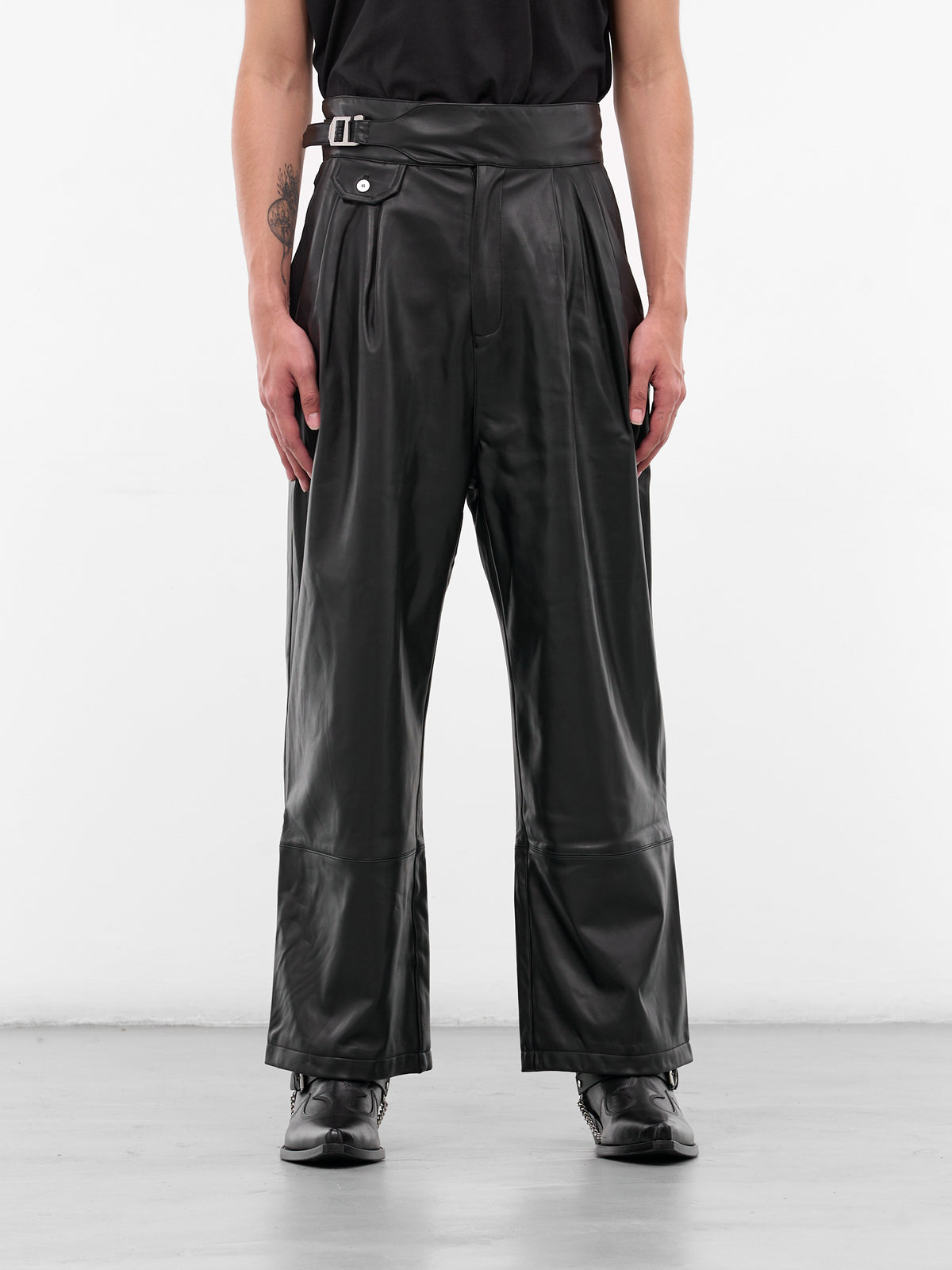 Black Leather Pleated Belt Trousers (MP002-BLACK)