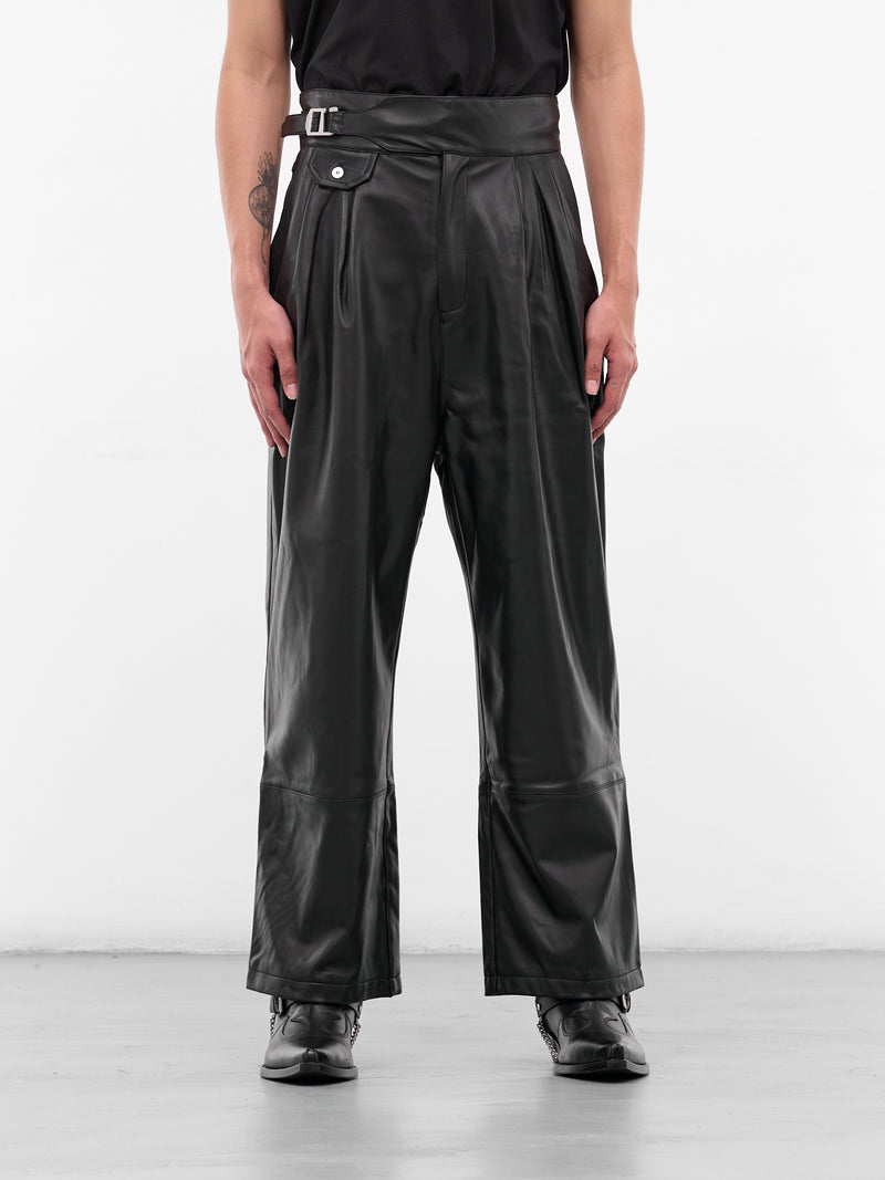 Black Leather Pleated Belt Trousers (MP002-BLACK)