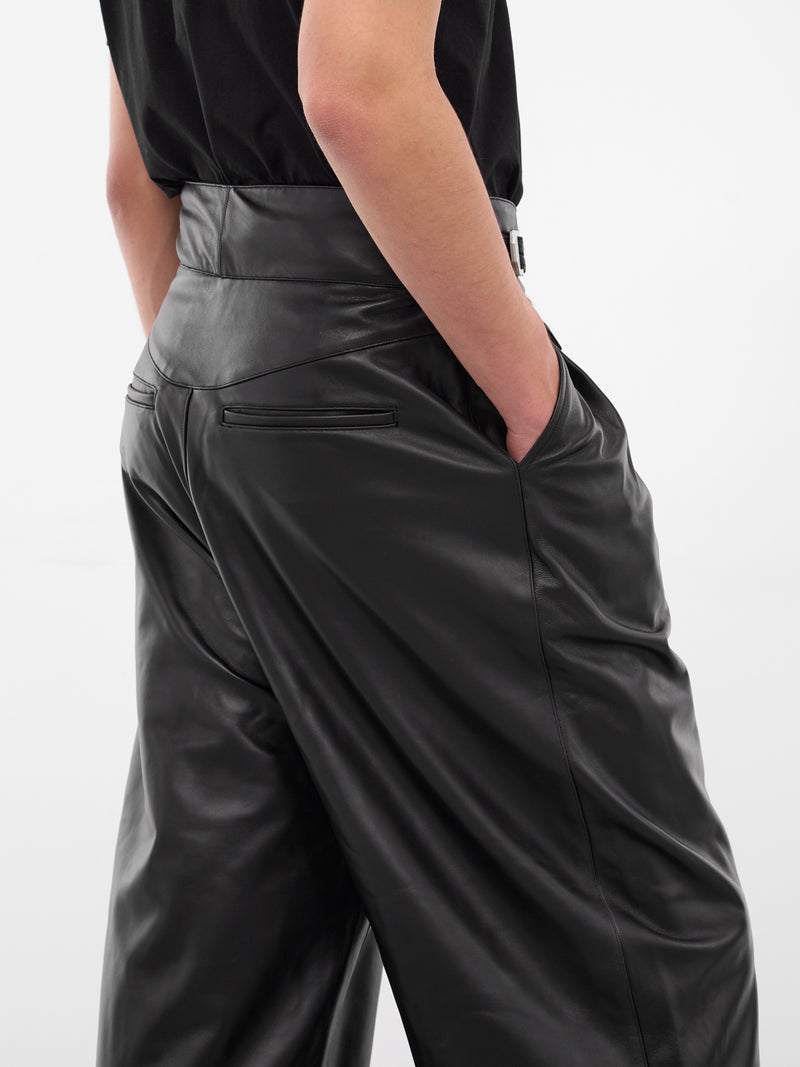 Black Leather Pleated Belt Trousers (MP002-BLACK)