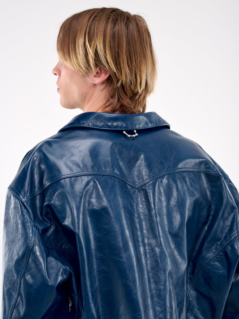 Leather Shawl Collar Trucker Jacket (MP24LLBA-JC3020-TRUE-BLUE)